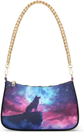 ALAZA Art Wolf Moon Chian Shoulder Bag Handbags Tote Mini Clutch Purse Hobo Bag with Zipper Closure for Women