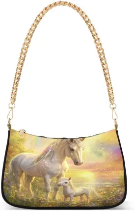ALAZA Rainbow Horse Blossom Flower Chian Shoulder Bag Handbags Tote Mini Clutch Purse Hobo Bag with Zipper Closure for Women