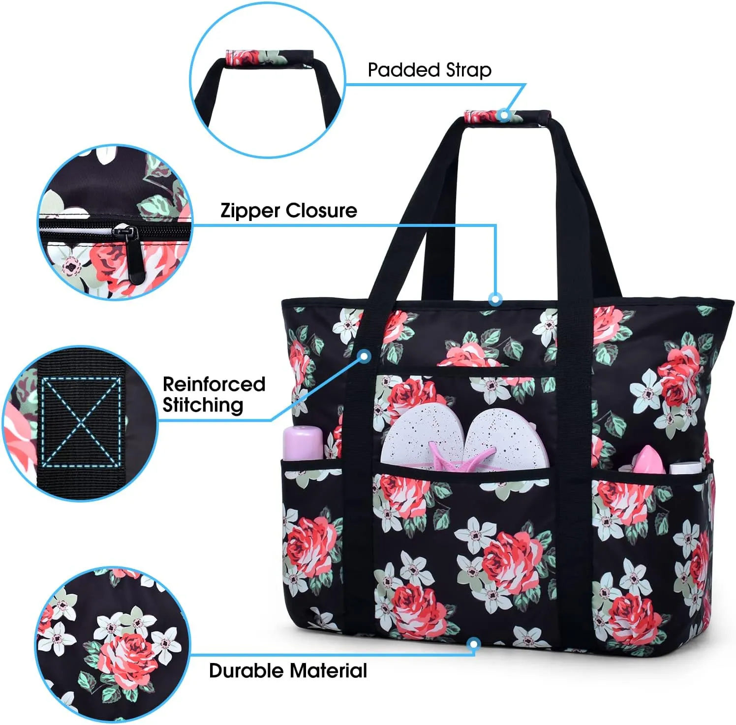 Becokan Beach Bags for Women Large Beach Tote Bag with Zipper Pockets Beach Bag Waterproof Sandproof Travel Nurse Tote Bag