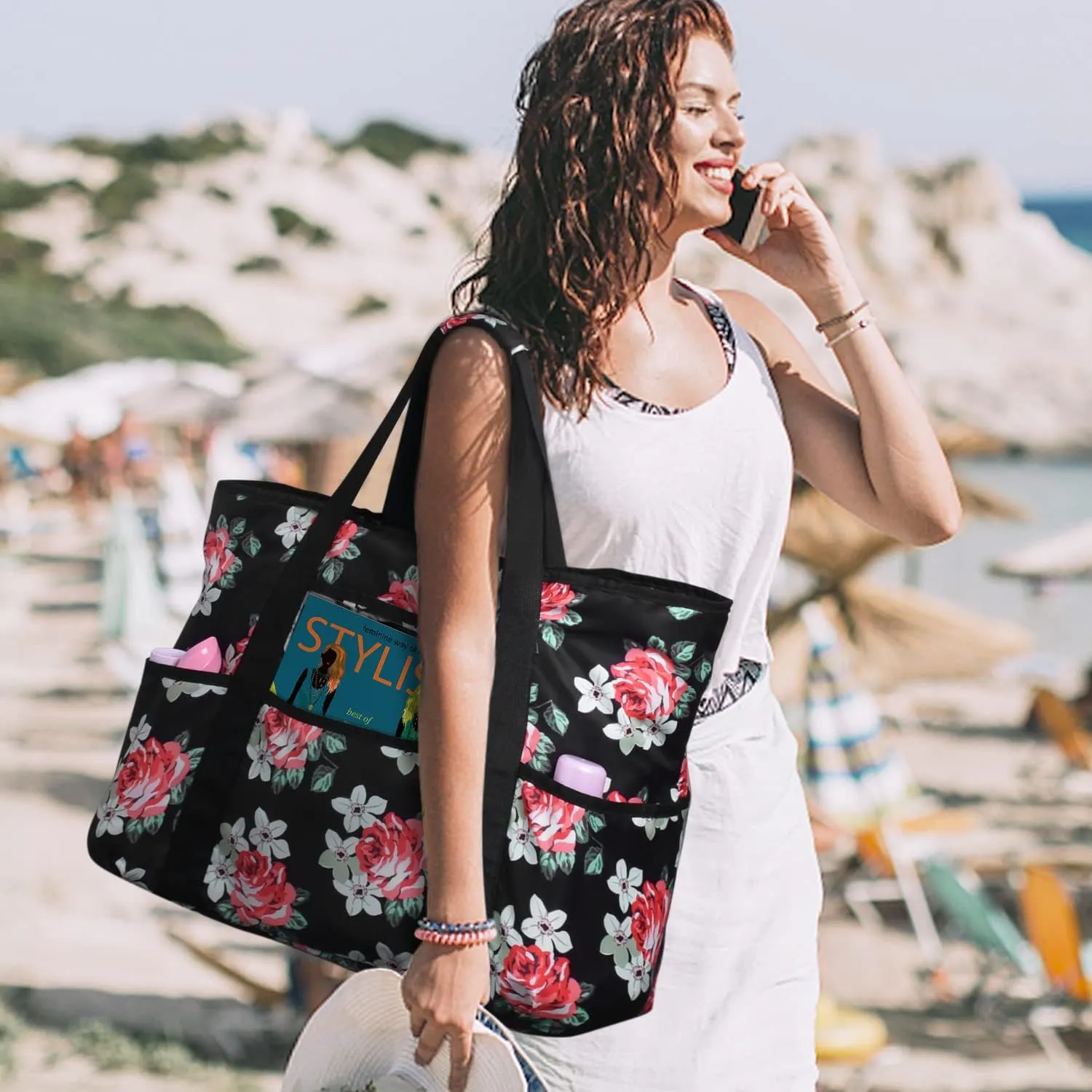 Becokan Beach Bags for Women Large Beach Tote Bag with Zipper Pockets Beach Bag Waterproof Sandproof Travel Nurse Tote Bag