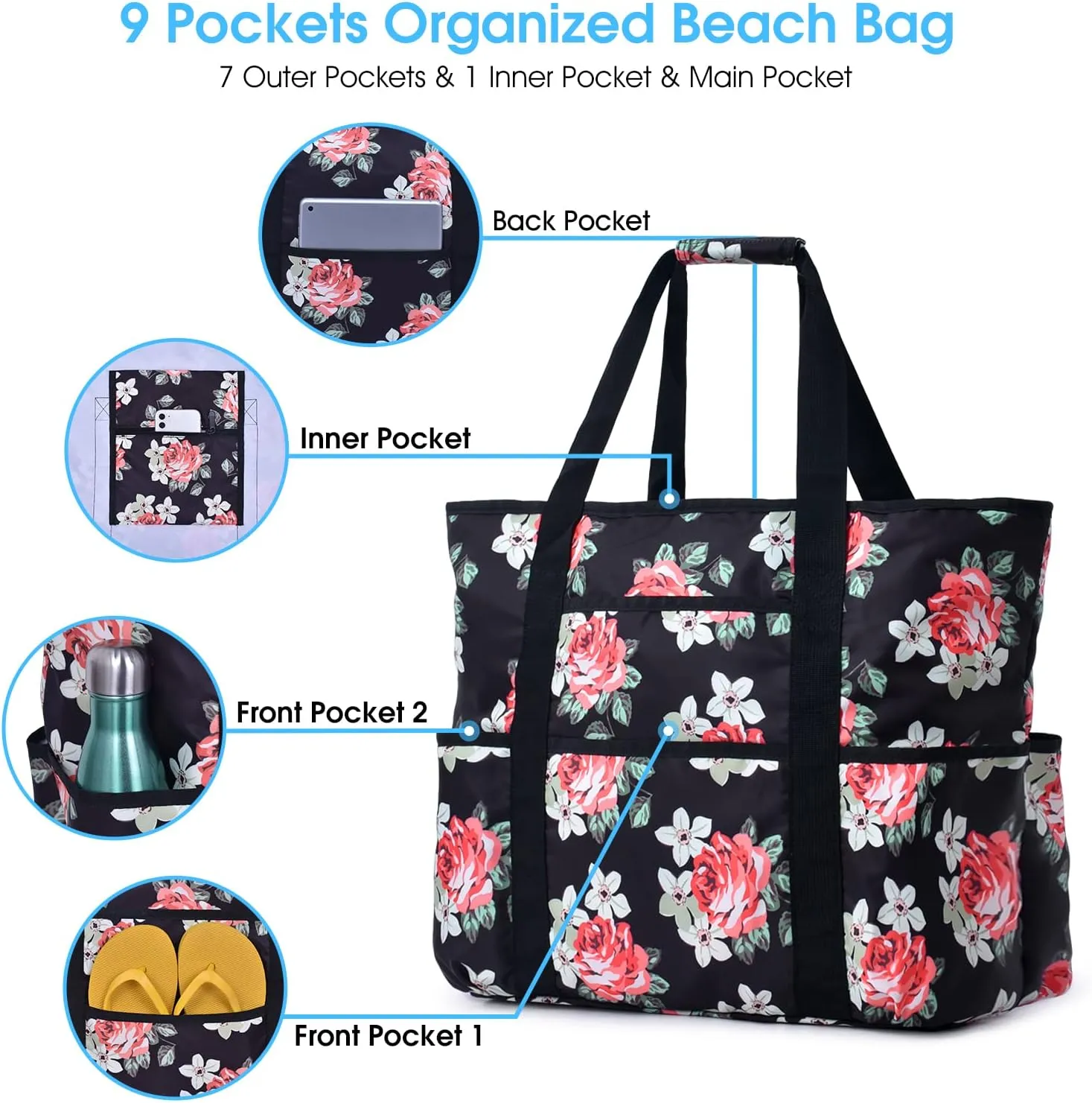 Becokan Beach Bags for Women Large Beach Tote Bag with Zipper Pockets Beach Bag Waterproof Sandproof Travel Nurse Tote Bag