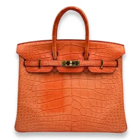 Birkin 25 Orange Poppy in Matte Alligator, Gold hardware