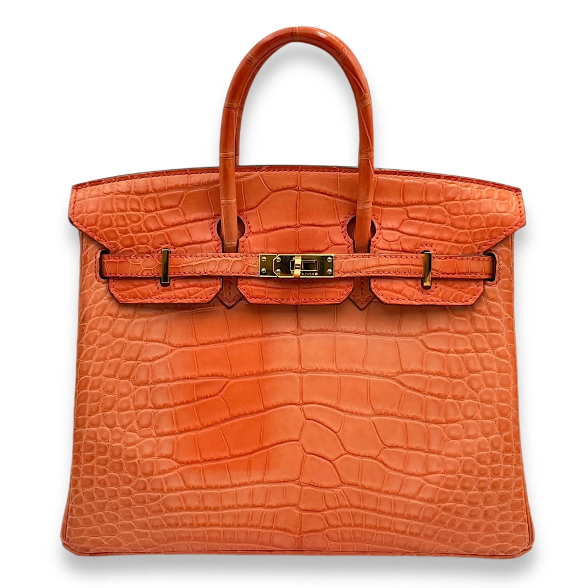 Birkin 25 Orange Poppy in Matte Alligator, Gold hardware