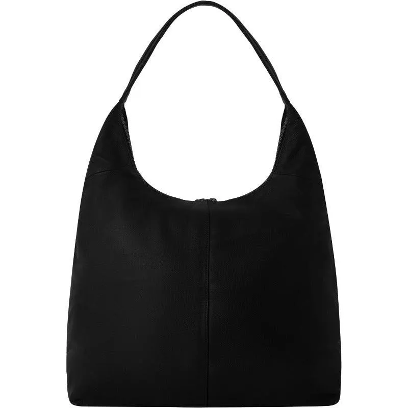 Black Zip Top Large Leather Hobo Shoulder Bag