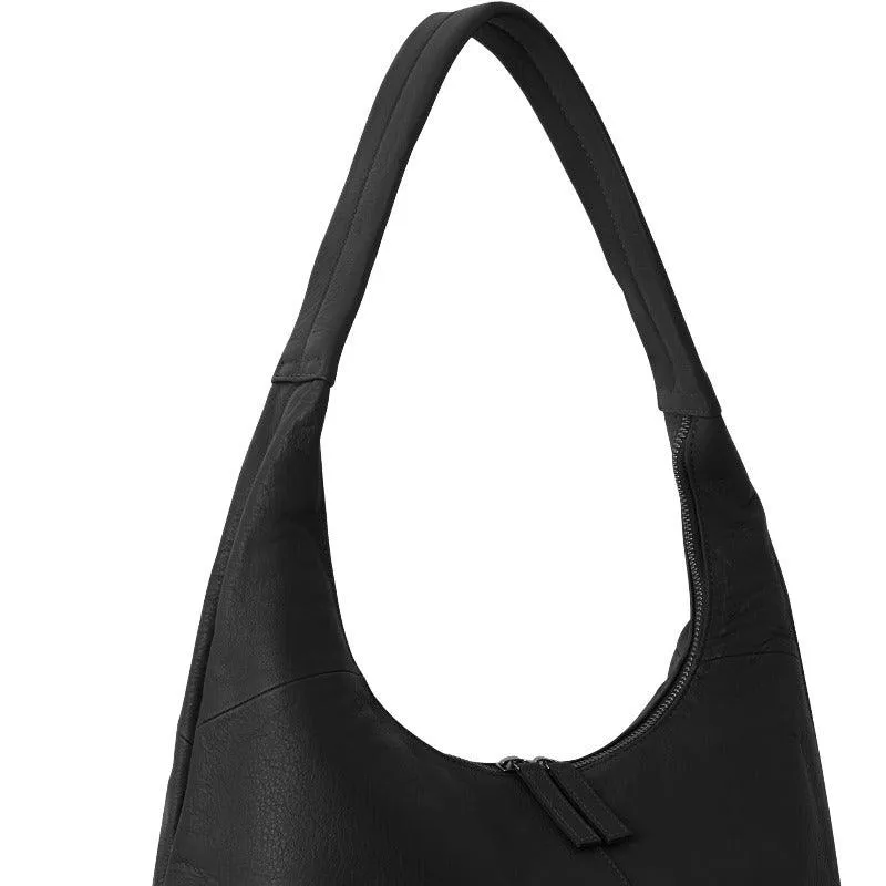 Black Zip Top Large Leather Hobo Shoulder Bag
