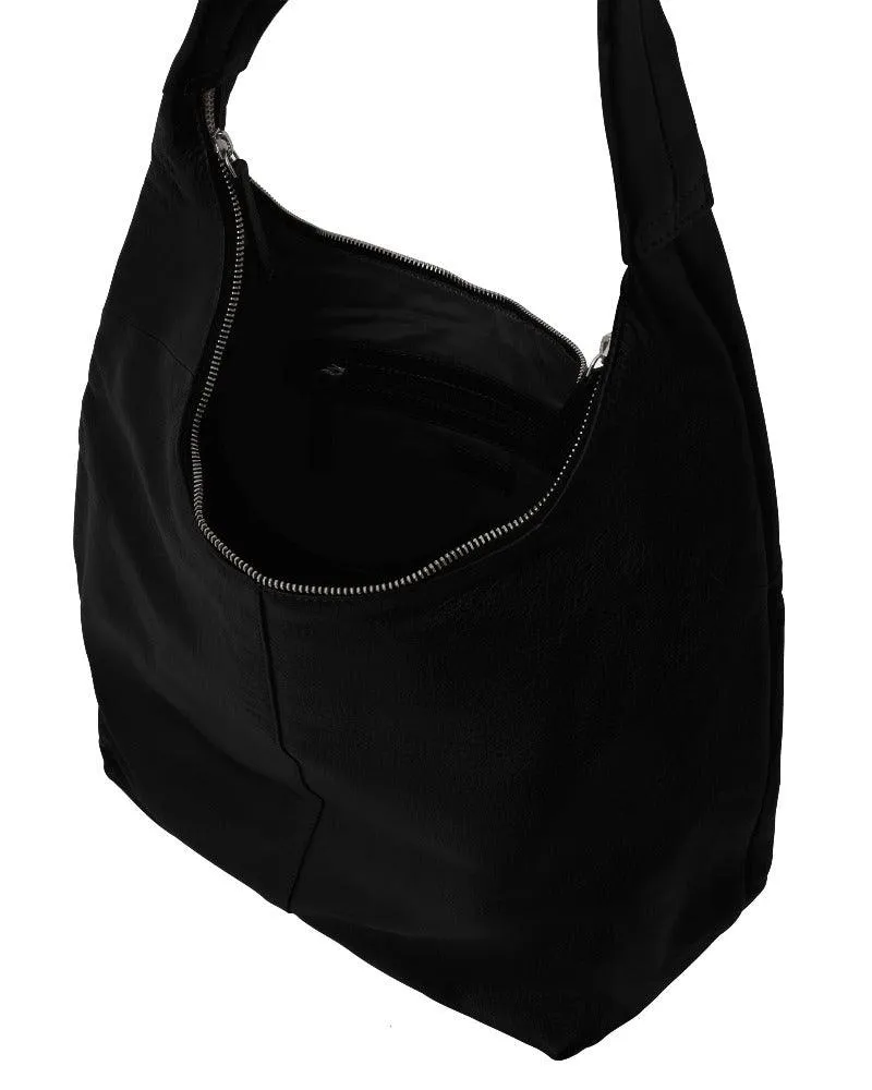 Black Zip Top Large Leather Hobo Shoulder Bag