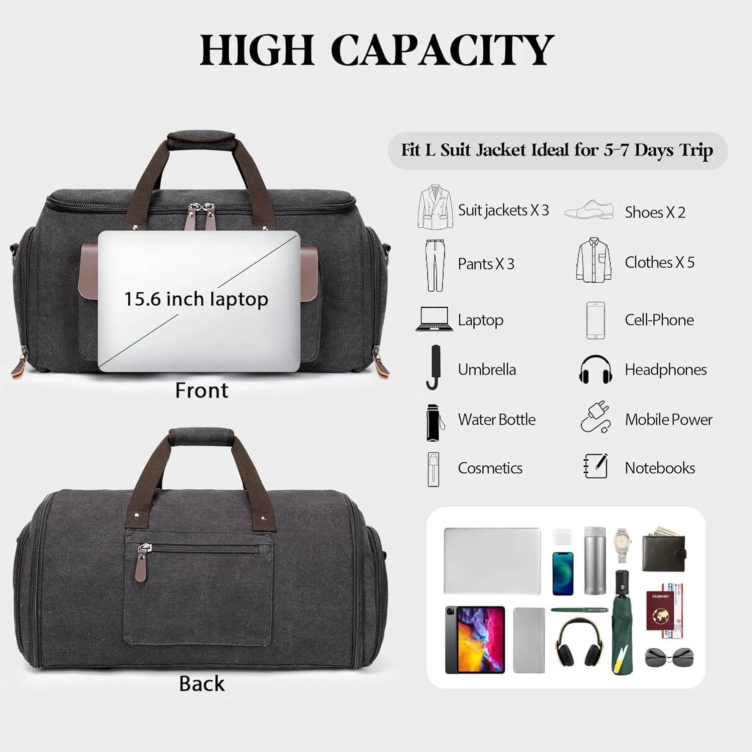 Canvas Garment Bags for Travel, Convertible Carry On Garment Duffel Bag for Men Women, 2 in 1 Suit Bag Hanging Suitcase Business Travel Bag with Shoe Compartment (Grey, XL)