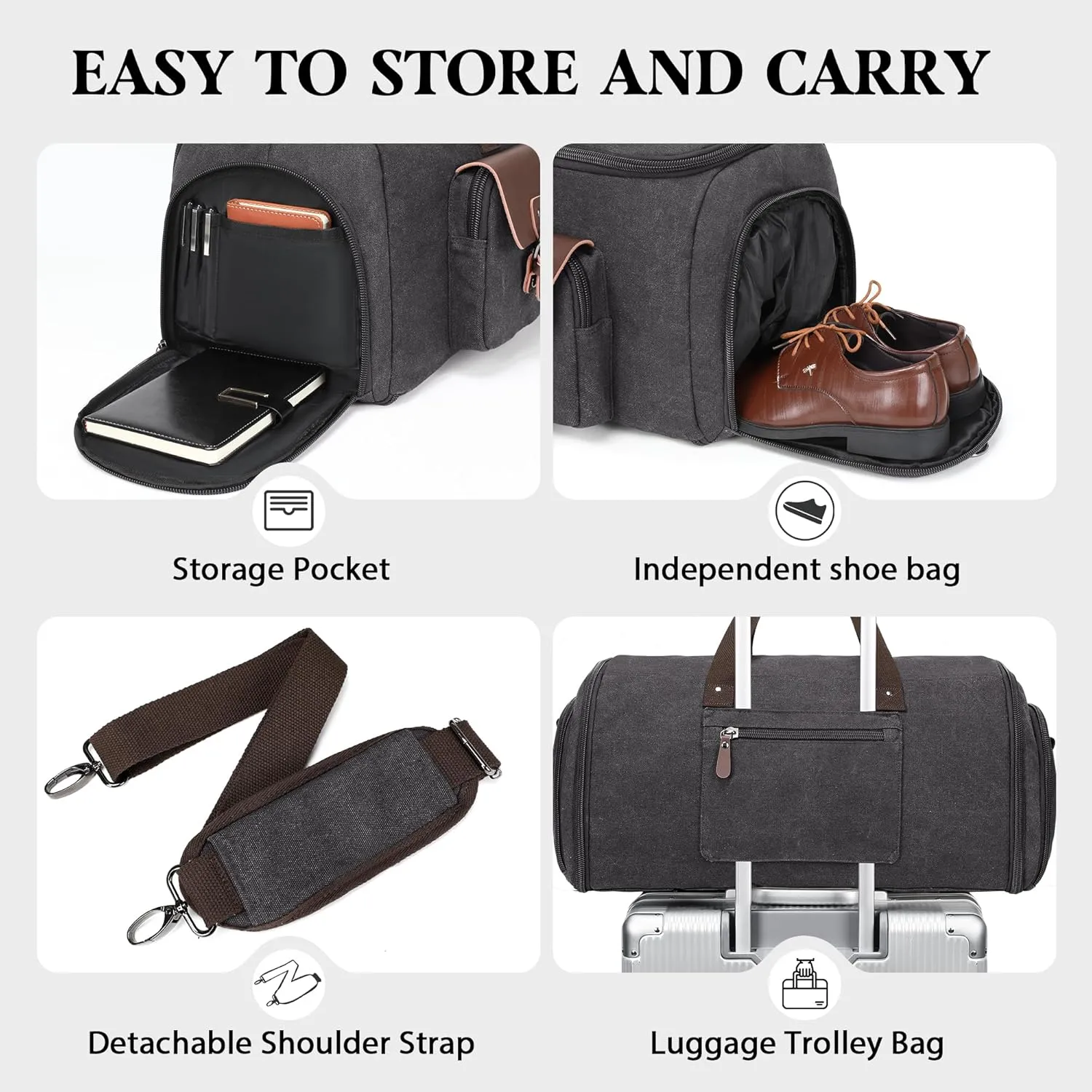 Canvas Garment Bags for Travel, Convertible Carry On Garment Duffel Bag for Men Women, 2 in 1 Suit Bag Hanging Suitcase Business Travel Bag with Shoe Compartment (Grey, XL)