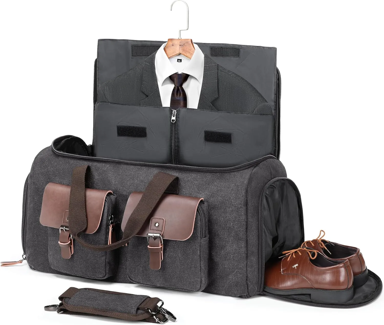 Canvas Garment Bags for Travel, Convertible Carry On Garment Duffel Bag for Men Women, 2 in 1 Suit Bag Hanging Suitcase Business Travel Bag with Shoe Compartment (Grey, XL)