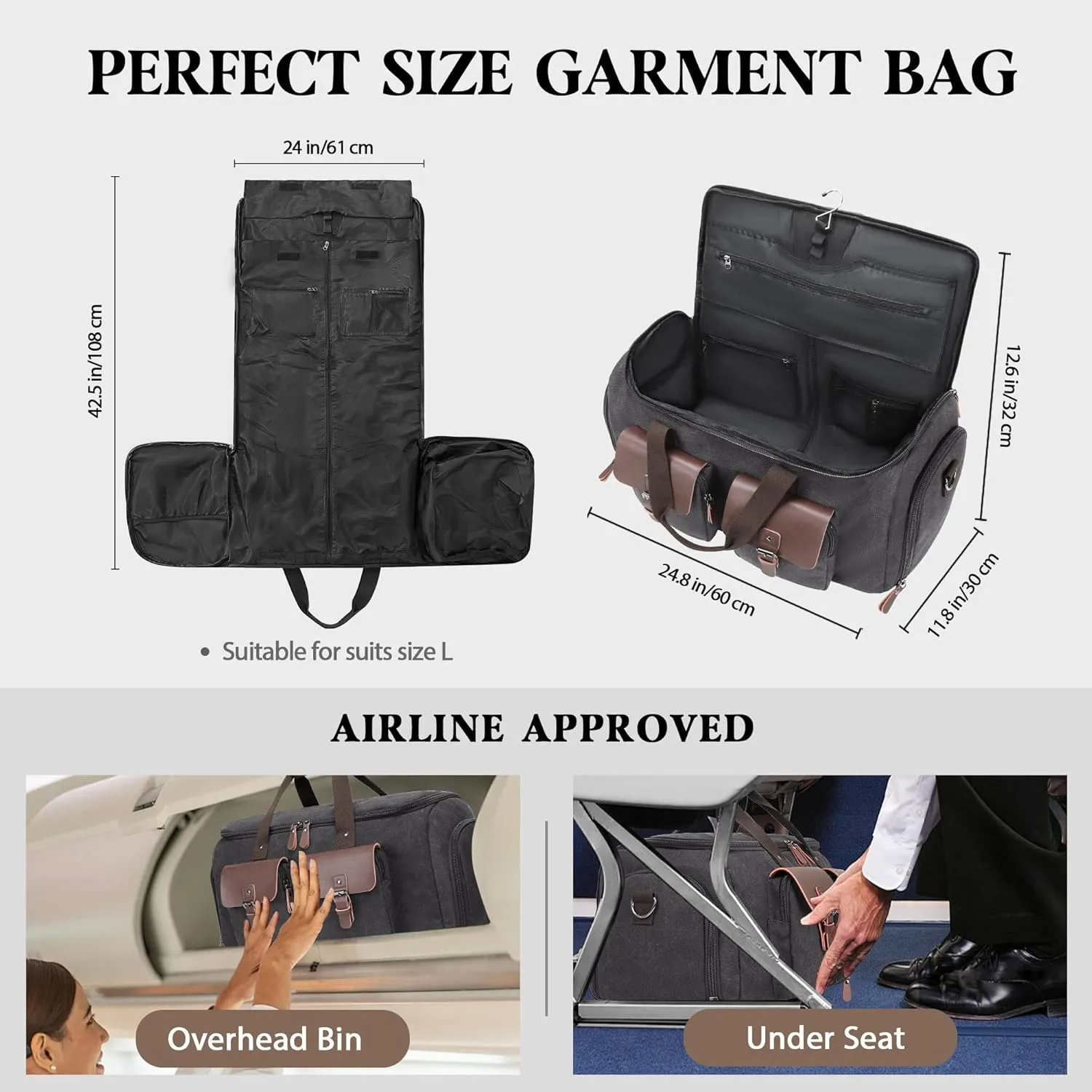 Canvas Garment Bags for Travel, Convertible Carry On Garment Duffel Bag for Men Women, 2 in 1 Suit Bag Hanging Suitcase Business Travel Bag with Shoe Compartment (Grey, XL)
