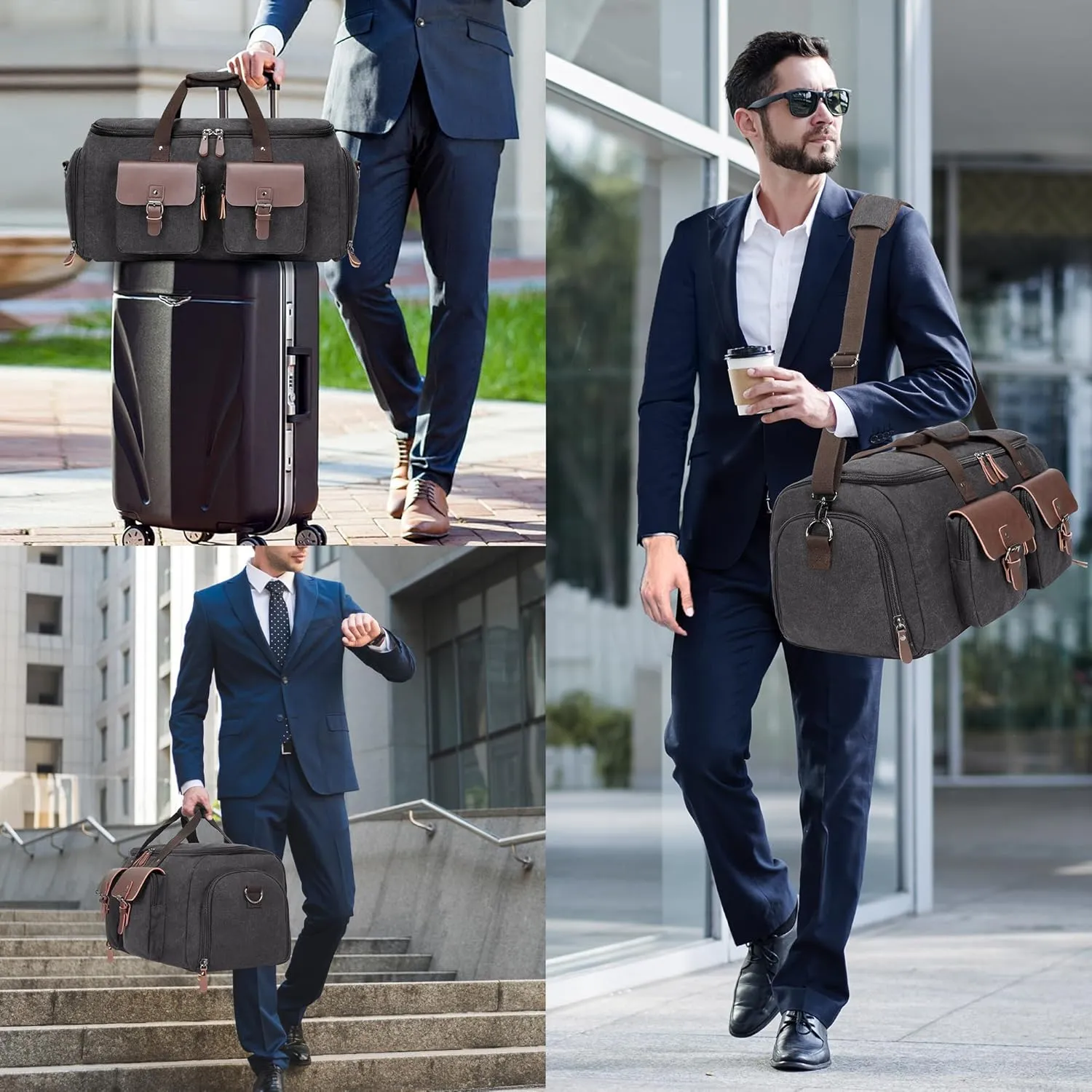 Canvas Garment Bags for Travel, Convertible Carry On Garment Duffel Bag for Men Women, 2 in 1 Suit Bag Hanging Suitcase Business Travel Bag with Shoe Compartment (Grey, XL)