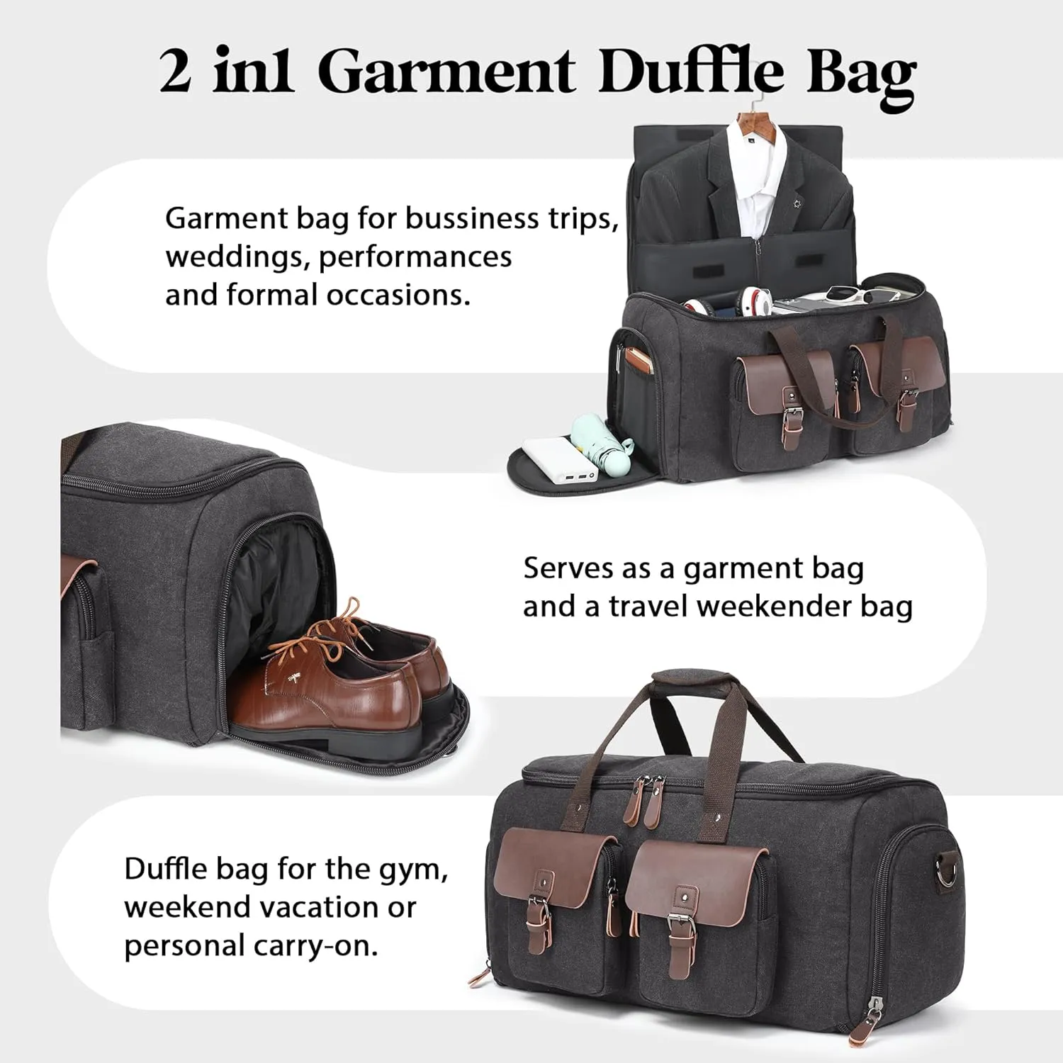 Canvas Garment Bags for Travel, Convertible Carry On Garment Duffel Bag for Men Women, 2 in 1 Suit Bag Hanging Suitcase Business Travel Bag with Shoe Compartment (Grey, XL)