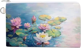 Canvas Wallet Bag,Colorful Lotus Flowers in The Pond Print Coin Purse, Zipper Change Purse,Small Cosmetic Bag