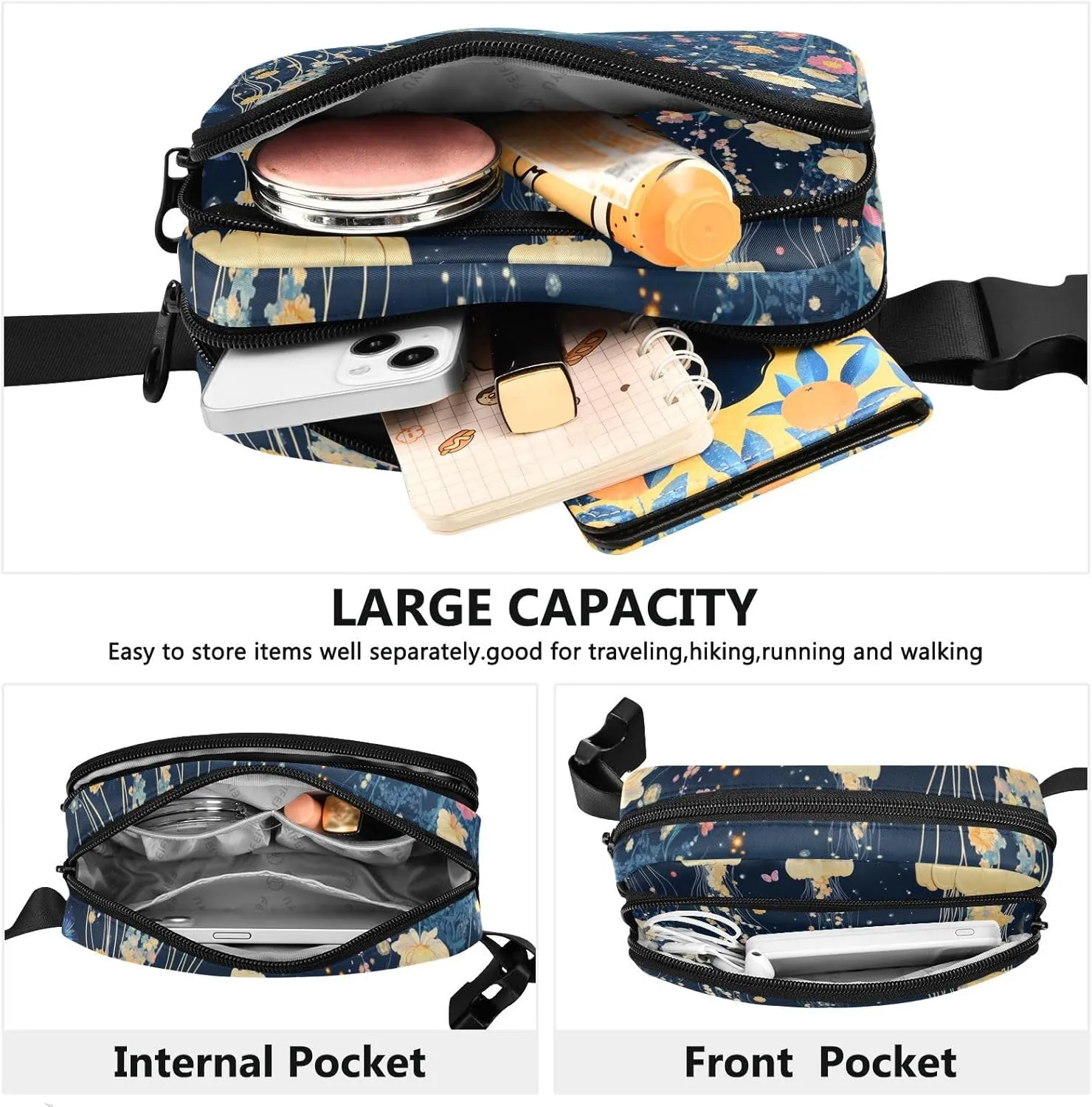 Cartoon Jellyfish A River Stylish Crossbody Bag Waist Packs for Women Men Waterproof Sling Chest Bags with Adjustable Strap for Travel Vacation Running