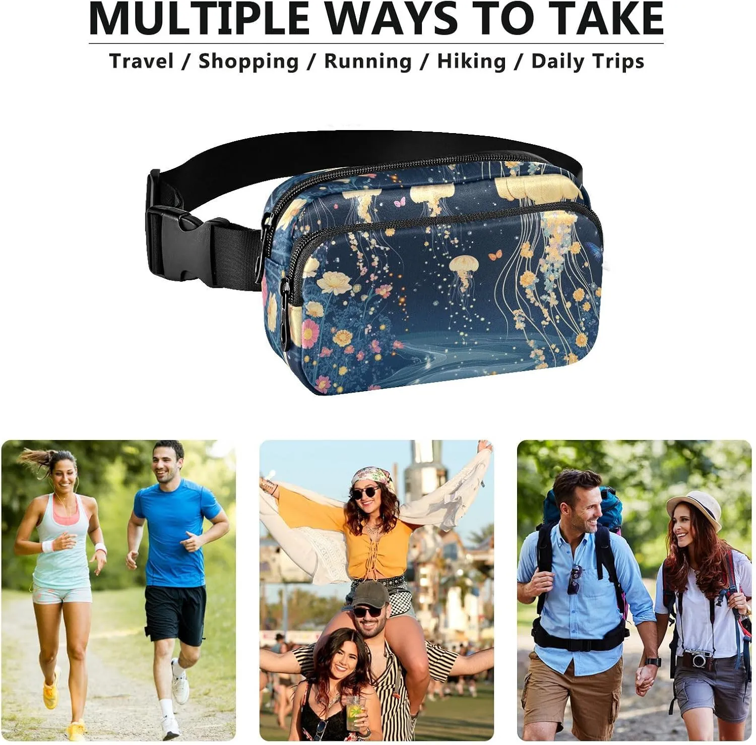 Cartoon Jellyfish A River Stylish Crossbody Bag Waist Packs for Women Men Waterproof Sling Chest Bags with Adjustable Strap for Travel Vacation Running