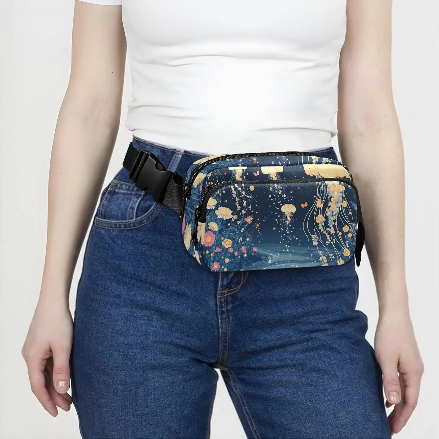 Cartoon Jellyfish A River Stylish Crossbody Bag Waist Packs for Women Men Waterproof Sling Chest Bags with Adjustable Strap for Travel Vacation Running