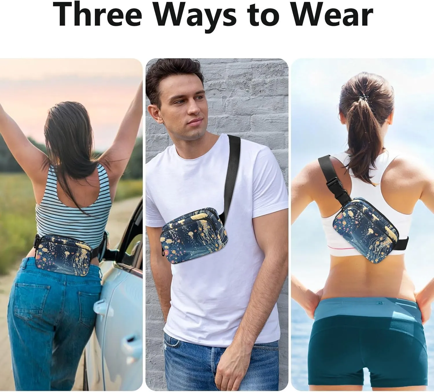 Cartoon Jellyfish A River Stylish Crossbody Bag Waist Packs for Women Men Waterproof Sling Chest Bags with Adjustable Strap for Travel Vacation Running
