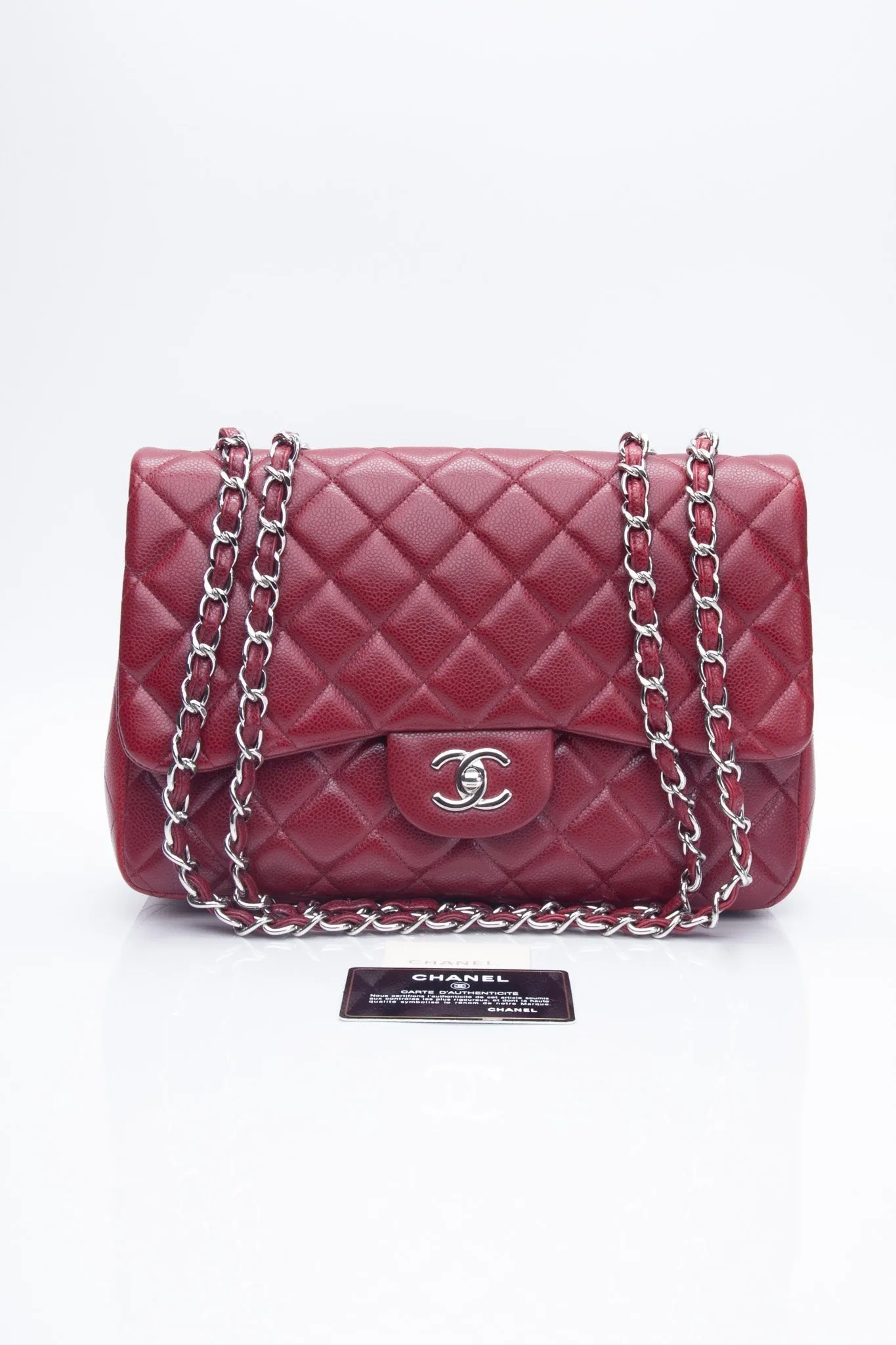 CHANEL Burgundy Caviar Quilted Jumbo Single Flap Bag