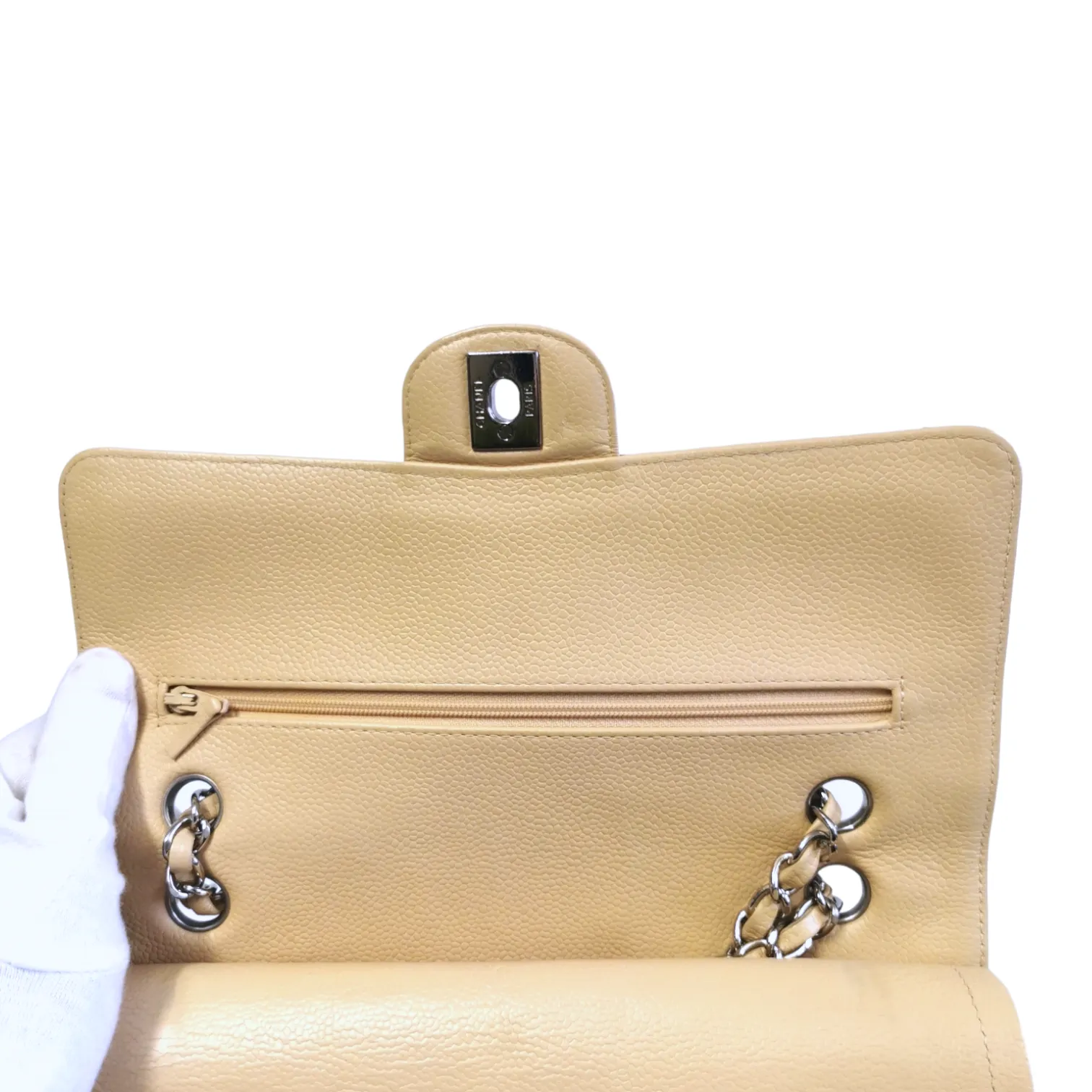 Chanel Classic Double Flap Medium Beige Caviar Silver