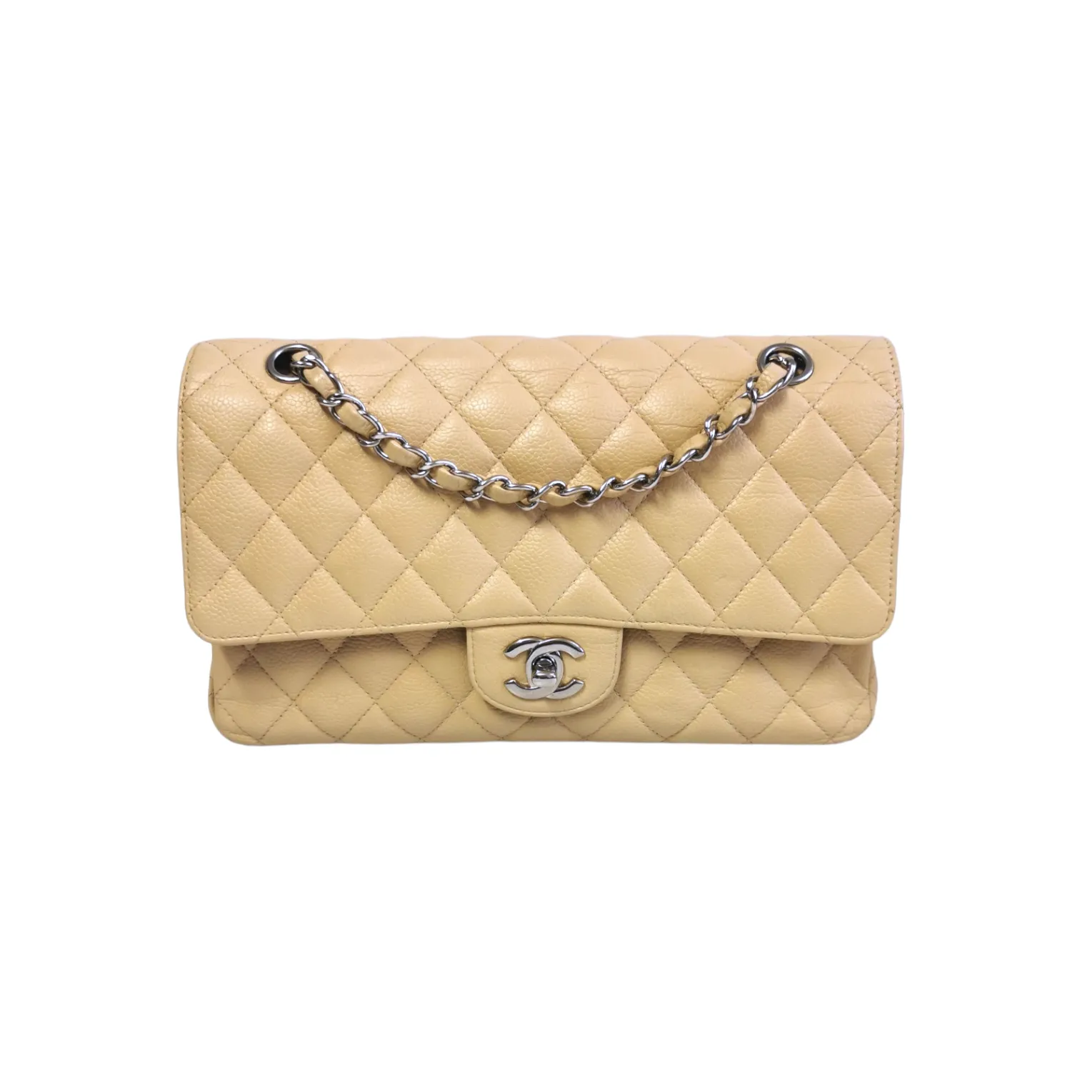 Chanel Classic Double Flap Medium Beige Caviar Silver