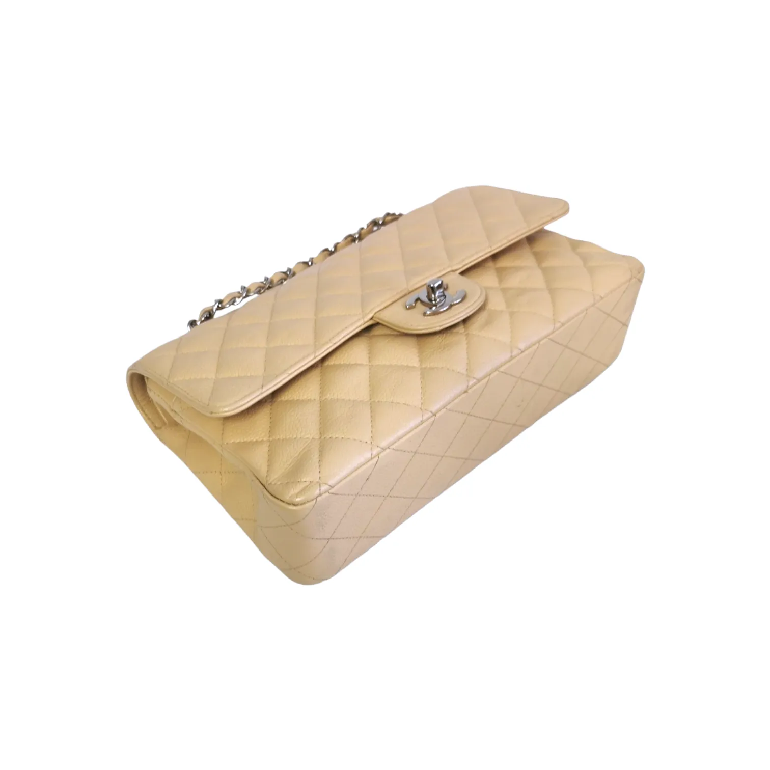 Chanel Classic Double Flap Medium Beige Caviar Silver