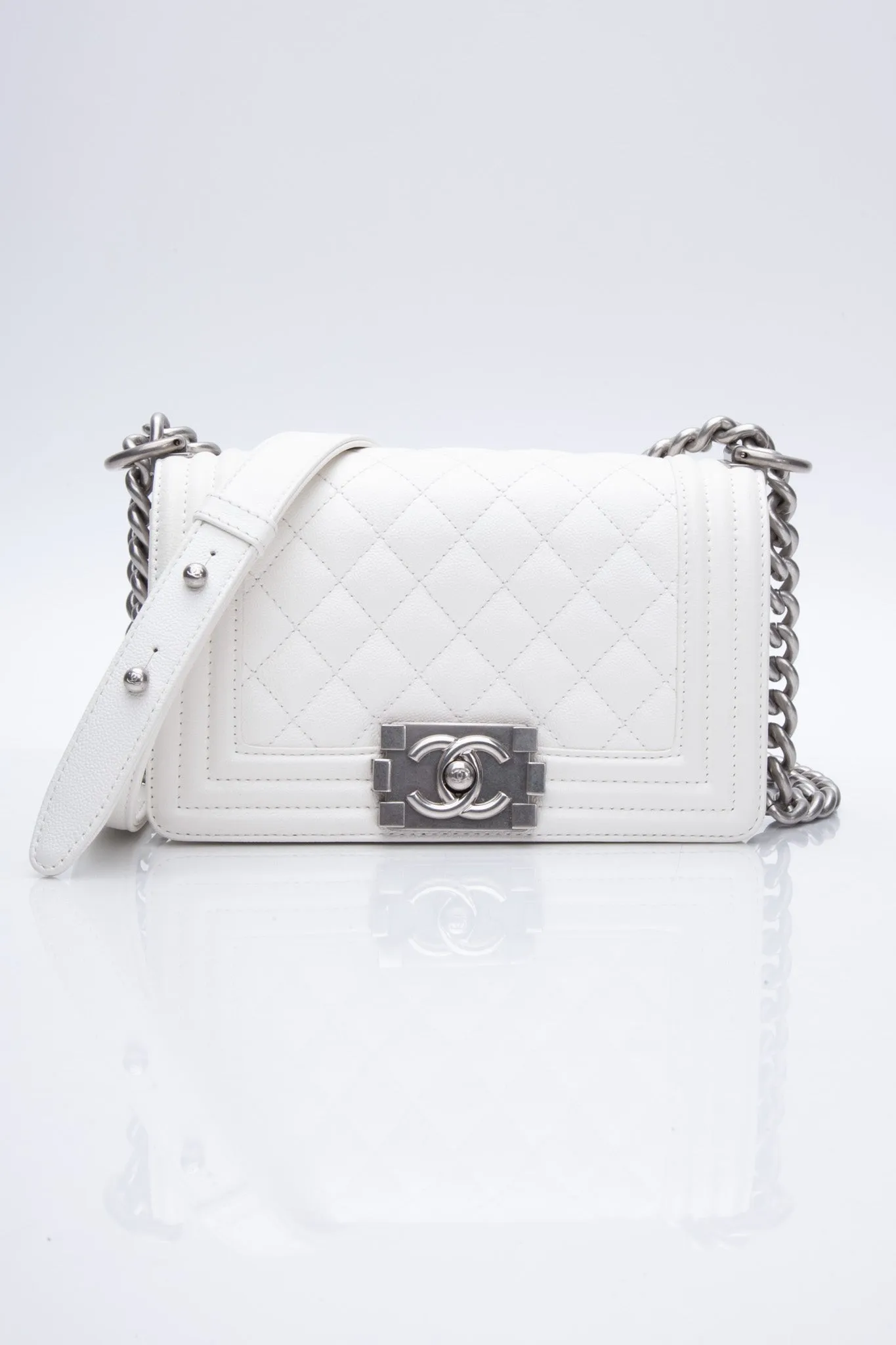 CHANEL Small White Quilted Caviar Boy Flap Bag