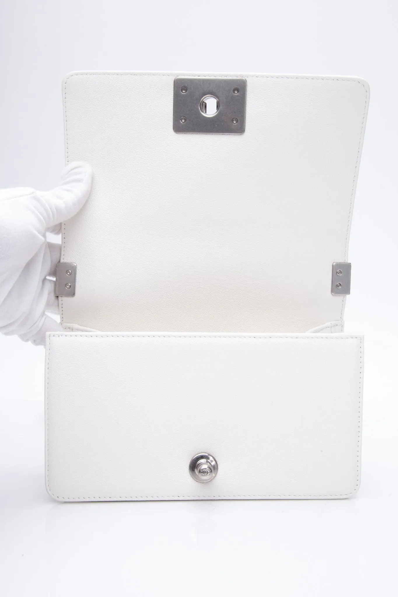 CHANEL Small White Quilted Caviar Boy Flap Bag