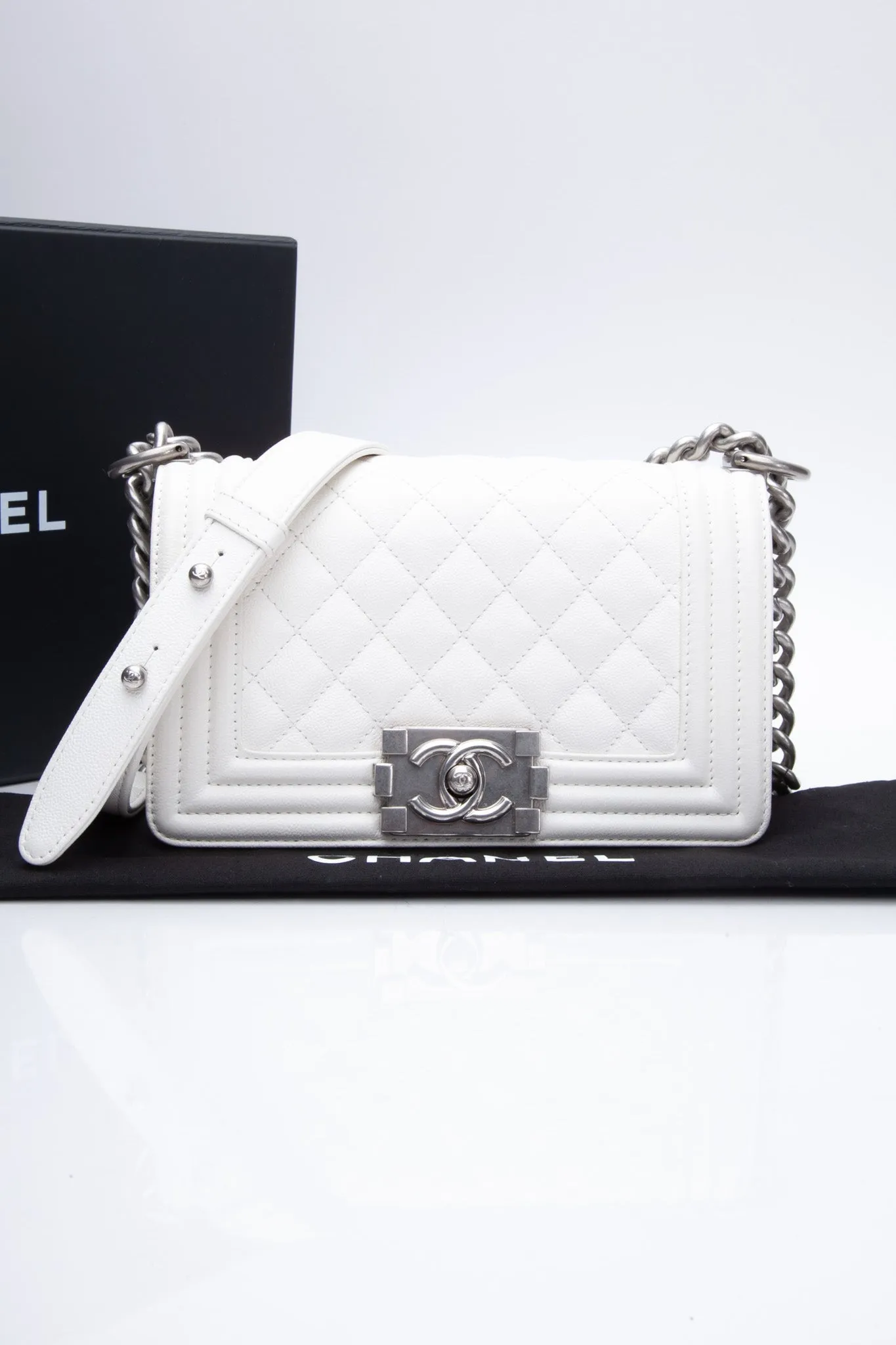 CHANEL Small White Quilted Caviar Boy Flap Bag