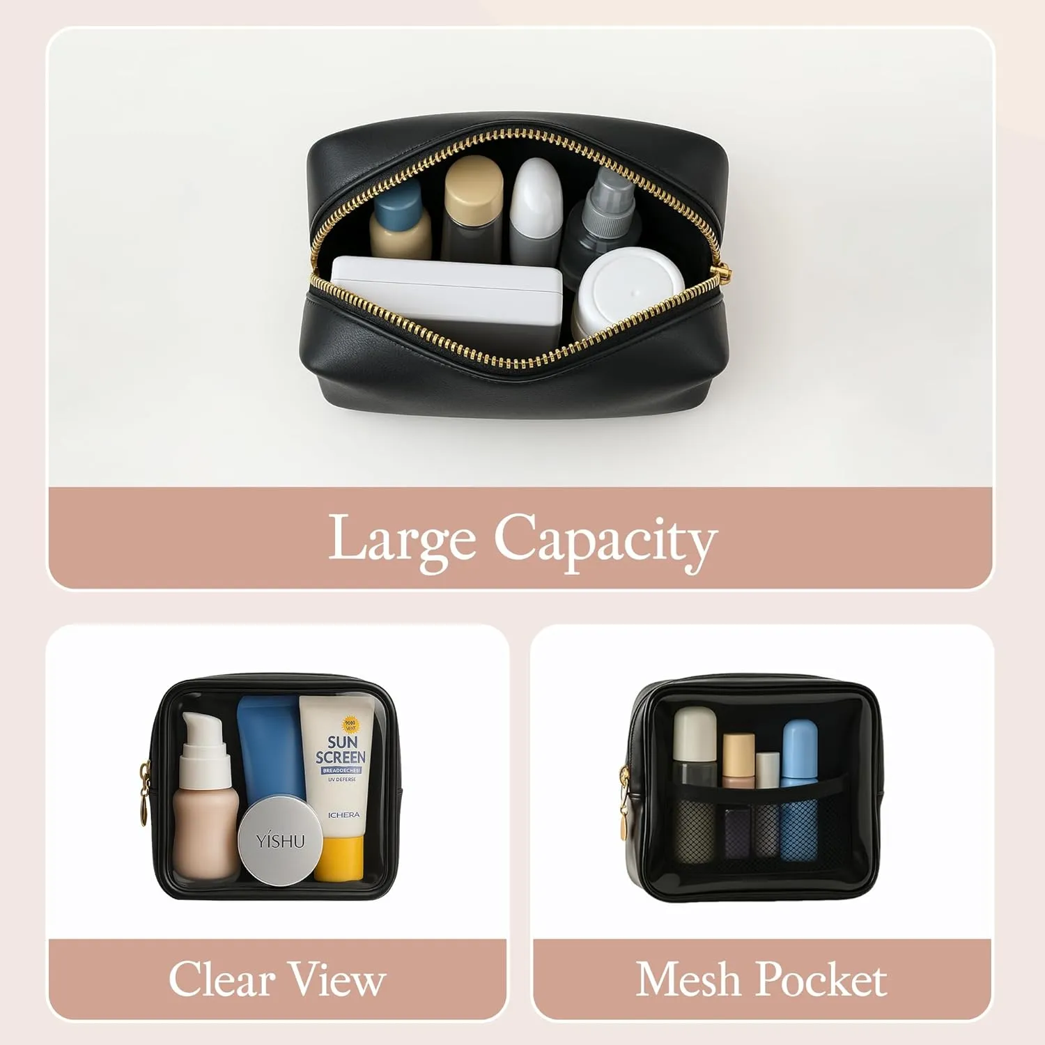 Clear Mini Makeup Bag for Women Waterproof Make Up Bag Portable Toiletry Bag Travel Essentials Cosmetic Bag Purse Cute Makeup Bag Organizer Small Car Pouch with Removable Handle, Black