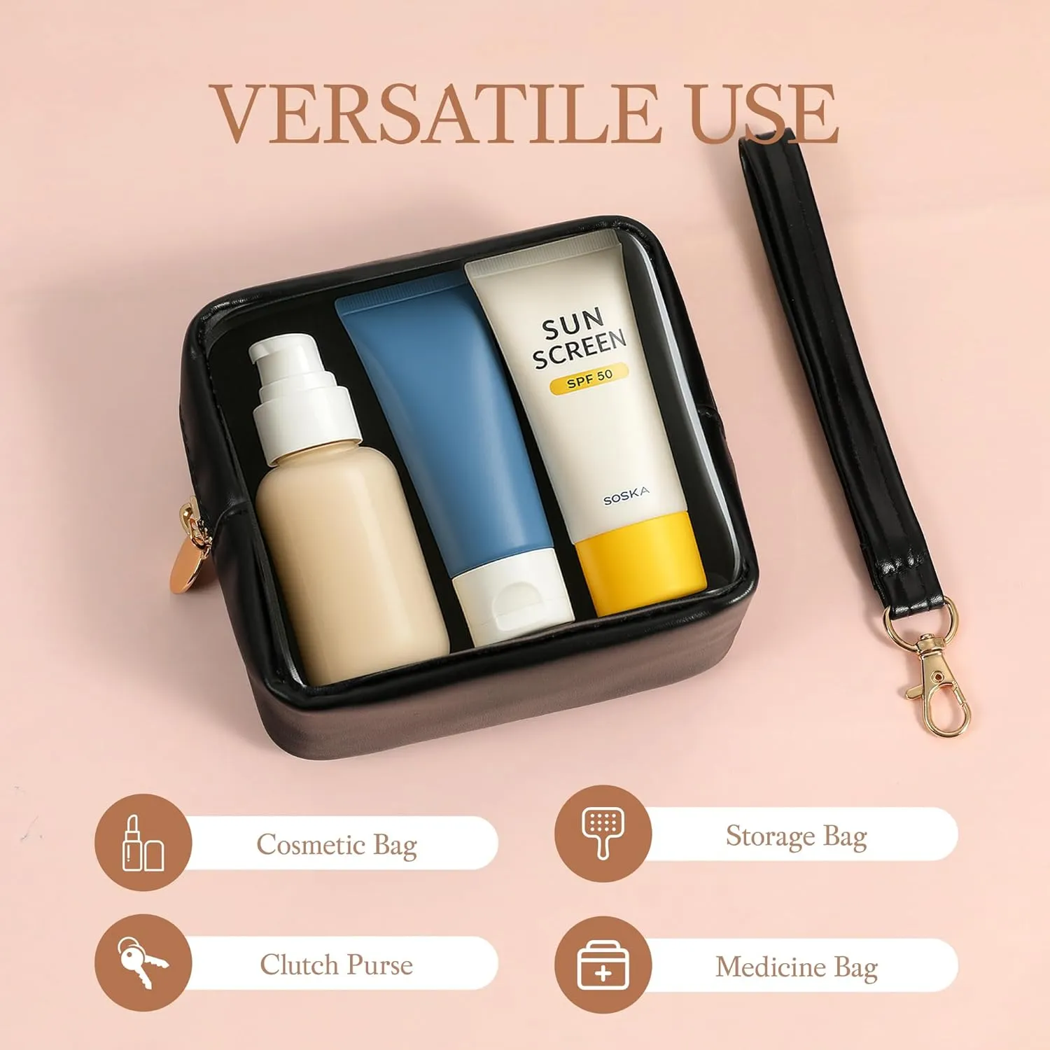 Clear Mini Makeup Bag for Women Waterproof Make Up Bag Portable Toiletry Bag Travel Essentials Cosmetic Bag Purse Cute Makeup Bag Organizer Small Car Pouch with Removable Handle, Black