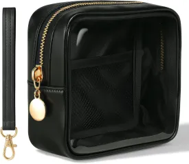 Clear Mini Makeup Bag for Women Waterproof Make Up Bag Portable Toiletry Bag Travel Essentials Cosmetic Bag Purse Cute Makeup Bag Organizer Small Car Pouch with Removable Handle, Black