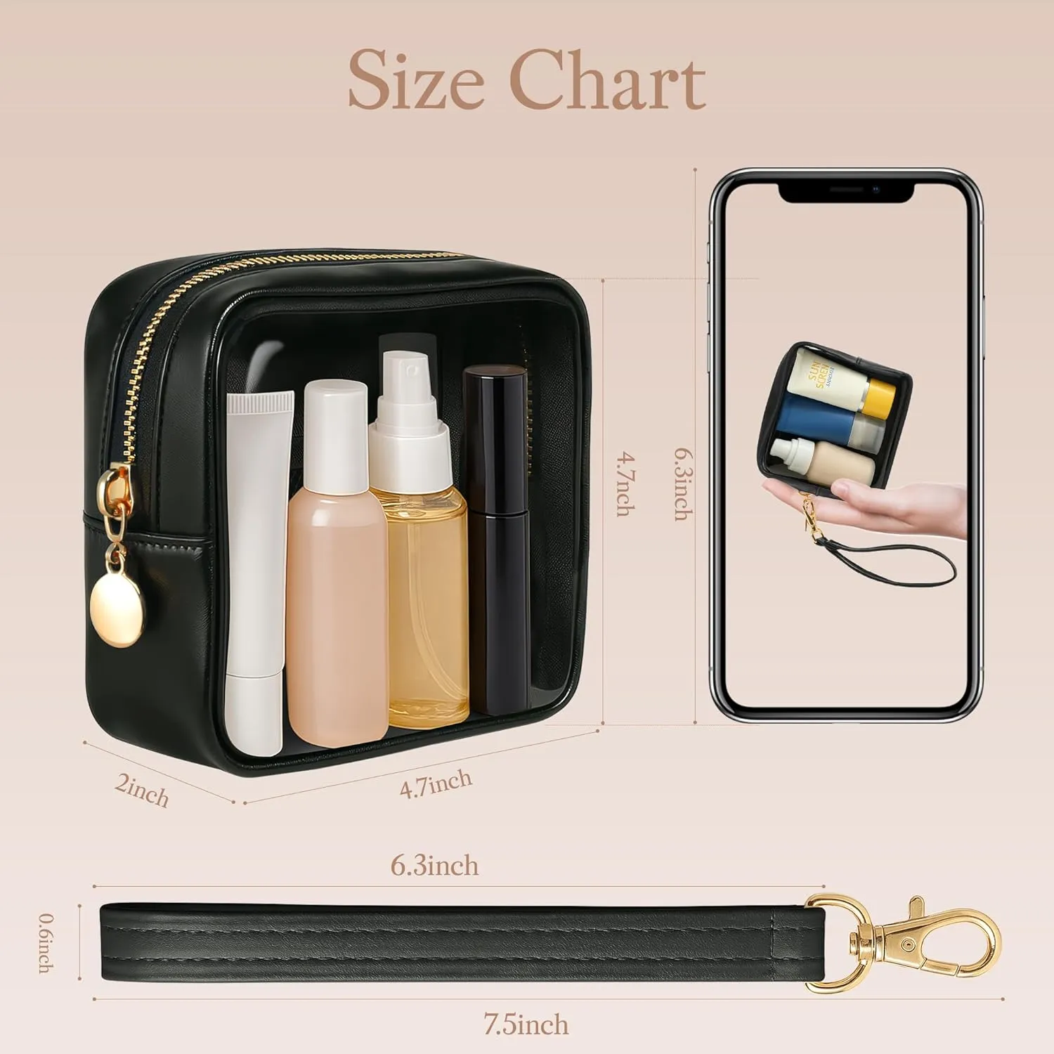 Clear Mini Makeup Bag for Women Waterproof Make Up Bag Portable Toiletry Bag Travel Essentials Cosmetic Bag Purse Cute Makeup Bag Organizer Small Car Pouch with Removable Handle, Black