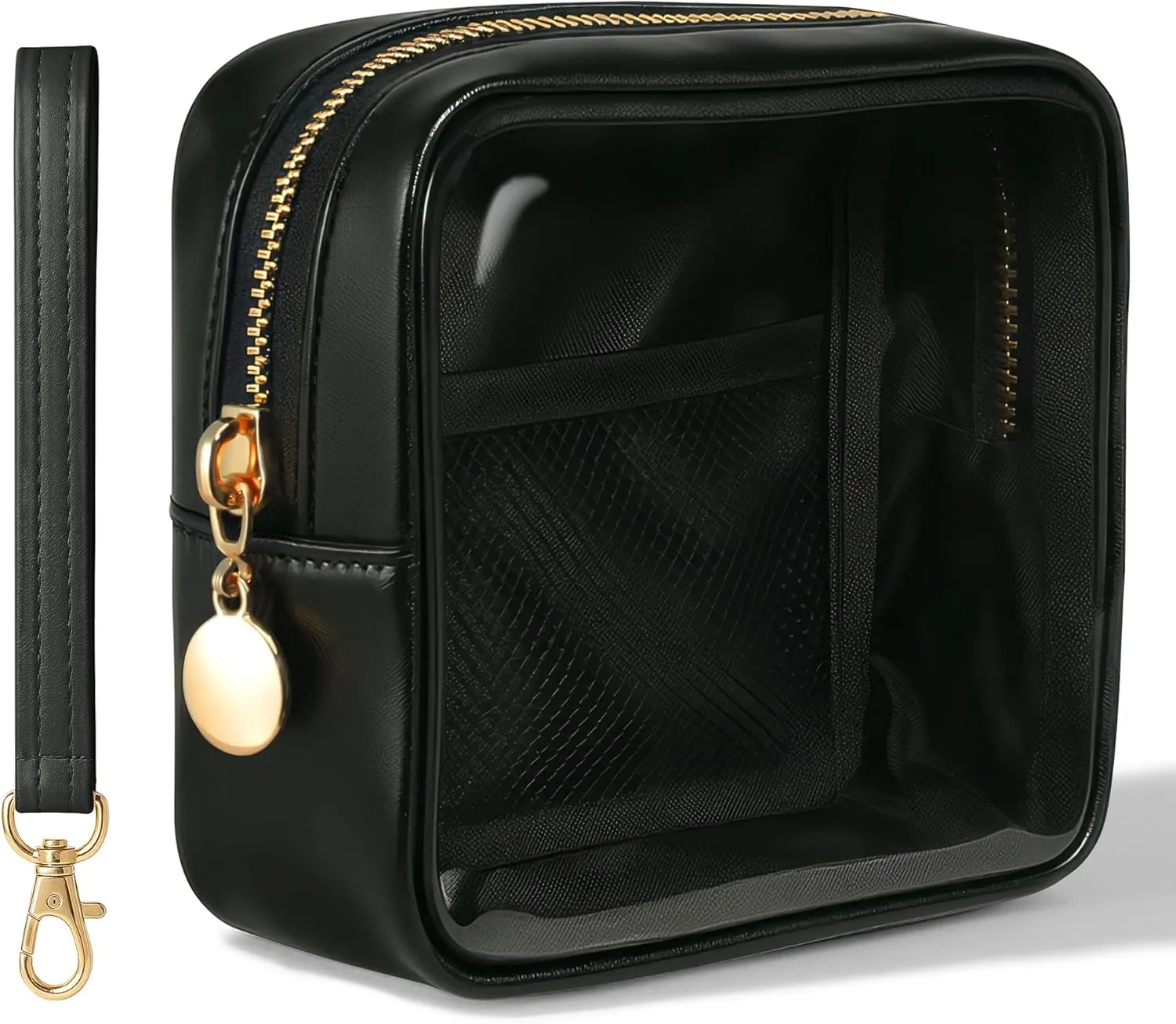 Clear Mini Makeup Bag for Women Waterproof Make Up Bag Portable Toiletry Bag Travel Essentials Cosmetic Bag Purse Cute Makeup Bag Organizer Small Car Pouch with Removable Handle, Black