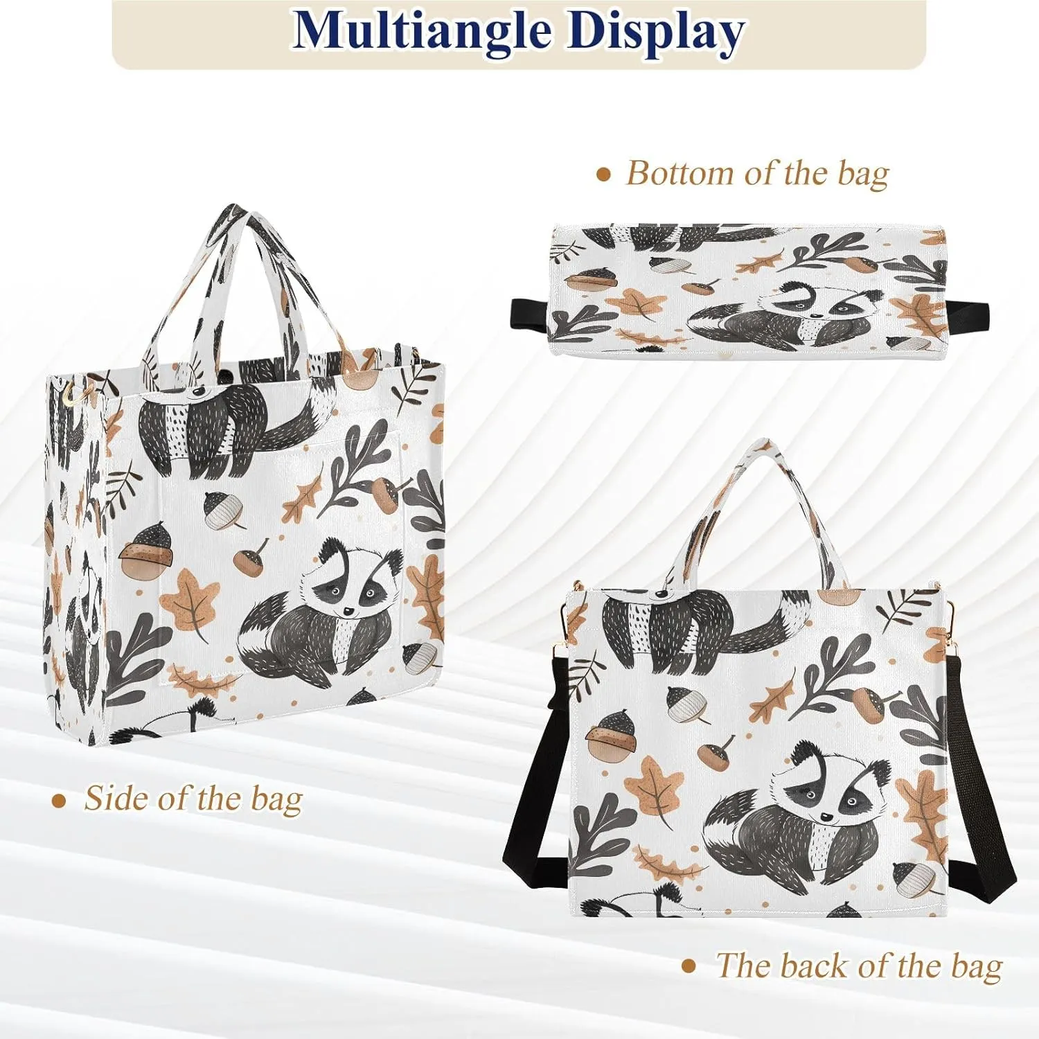 Corduroy Tote Bag Autumn Raccoon and Hazelnut Women Crossbody Bag with Detachable and Adjustable Shoulder Strap