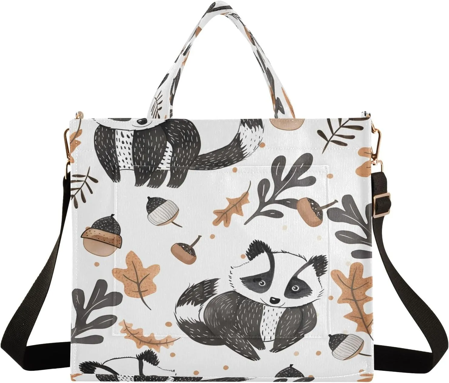 Corduroy Tote Bag Autumn Raccoon and Hazelnut Women Crossbody Bag with Detachable and Adjustable Shoulder Strap