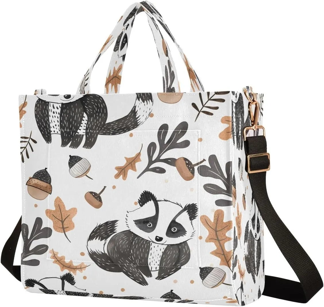 Corduroy Tote Bag Autumn Raccoon and Hazelnut Women Crossbody Bag with Detachable and Adjustable Shoulder Strap