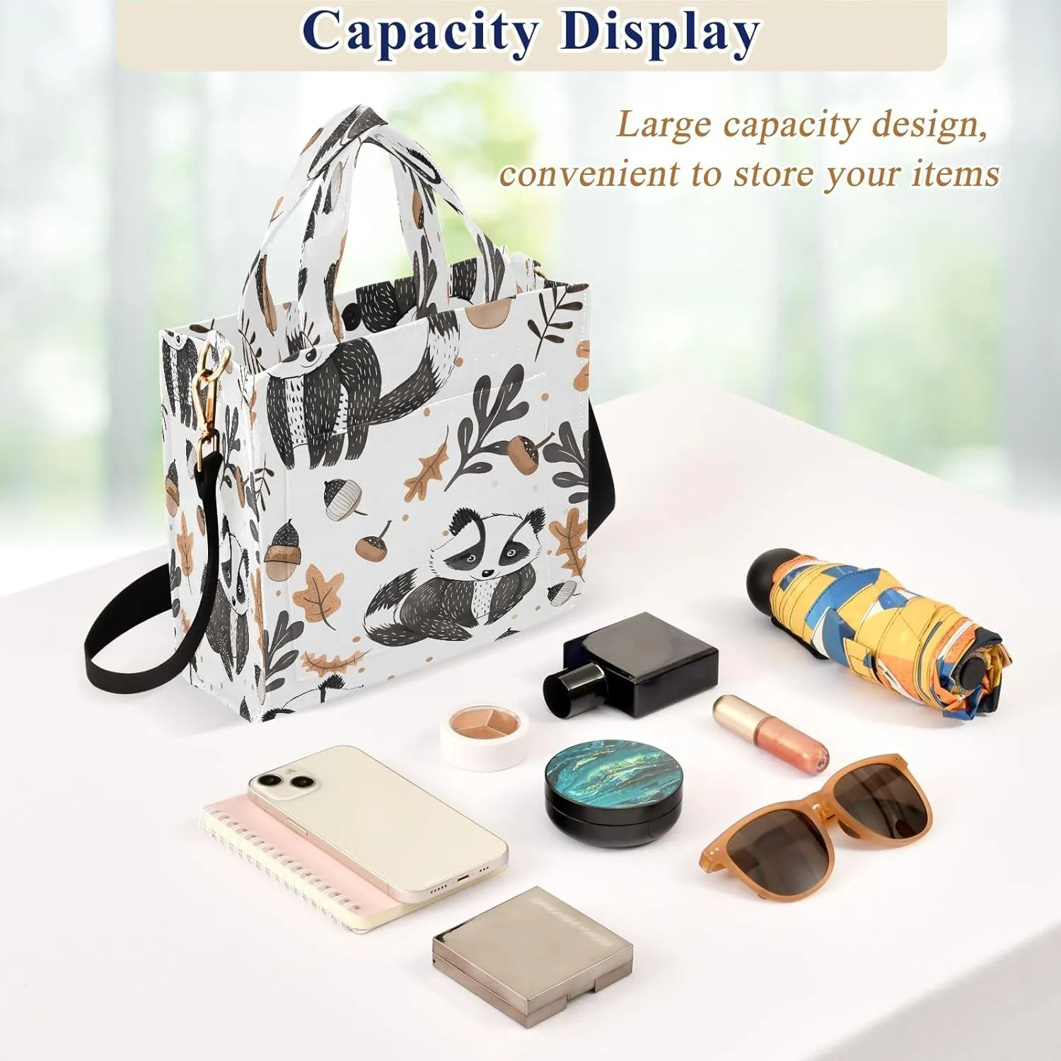 Corduroy Tote Bag Autumn Raccoon and Hazelnut Women Crossbody Bag with Detachable and Adjustable Shoulder Strap