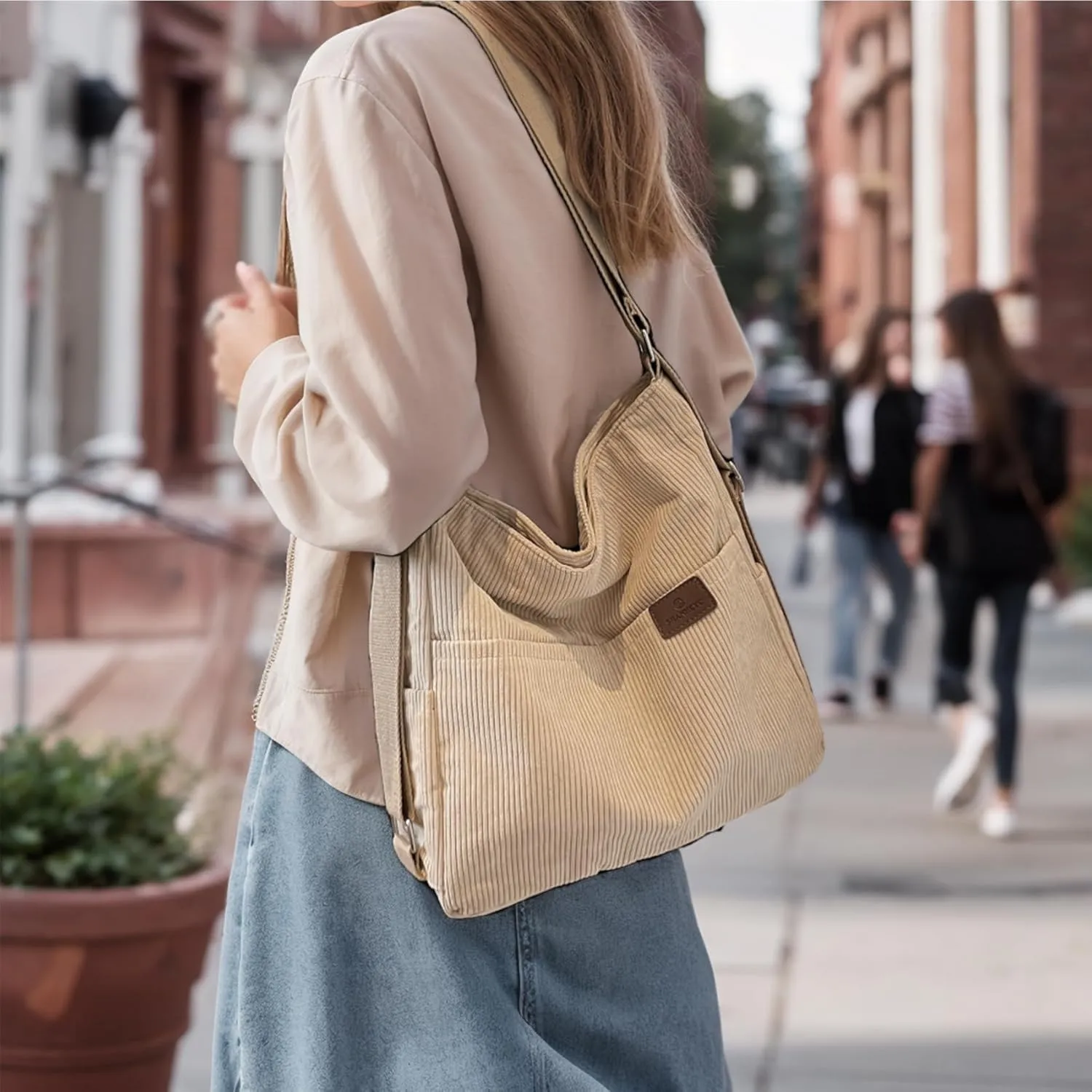 Corduroy Tote Bag for Women Convertible Backpack Purse Crossbody Hobo Shoulder Bag with Multi Pockets Compartments