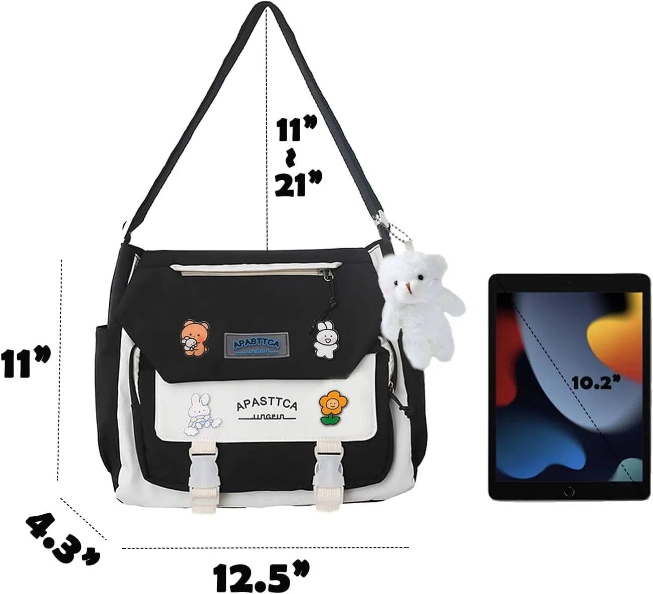 Cute Messenger Bag for Teen Girls Women, Kawaii Crossbody Shoulder Purse with Pins and Stuffed Pendant Gift