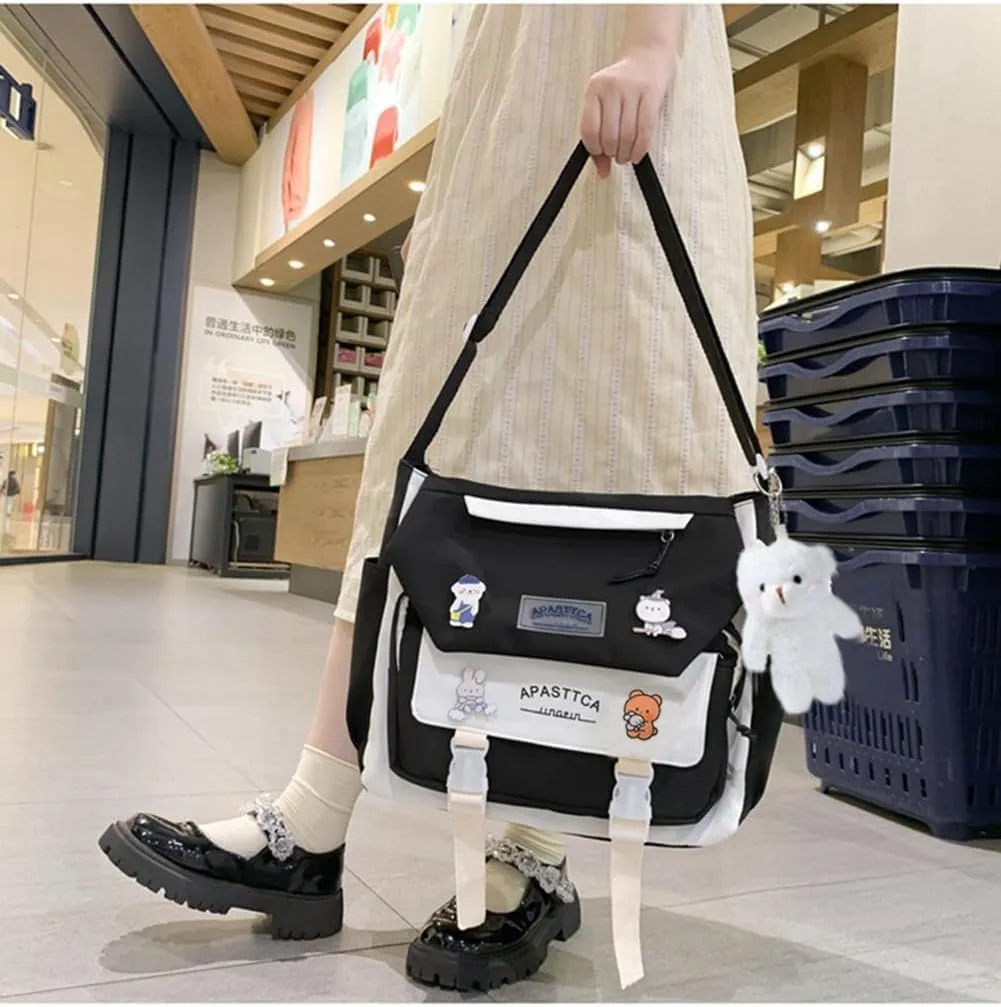 Cute Messenger Bag for Teen Girls Women, Kawaii Crossbody Shoulder Purse with Pins and Stuffed Pendant Gift