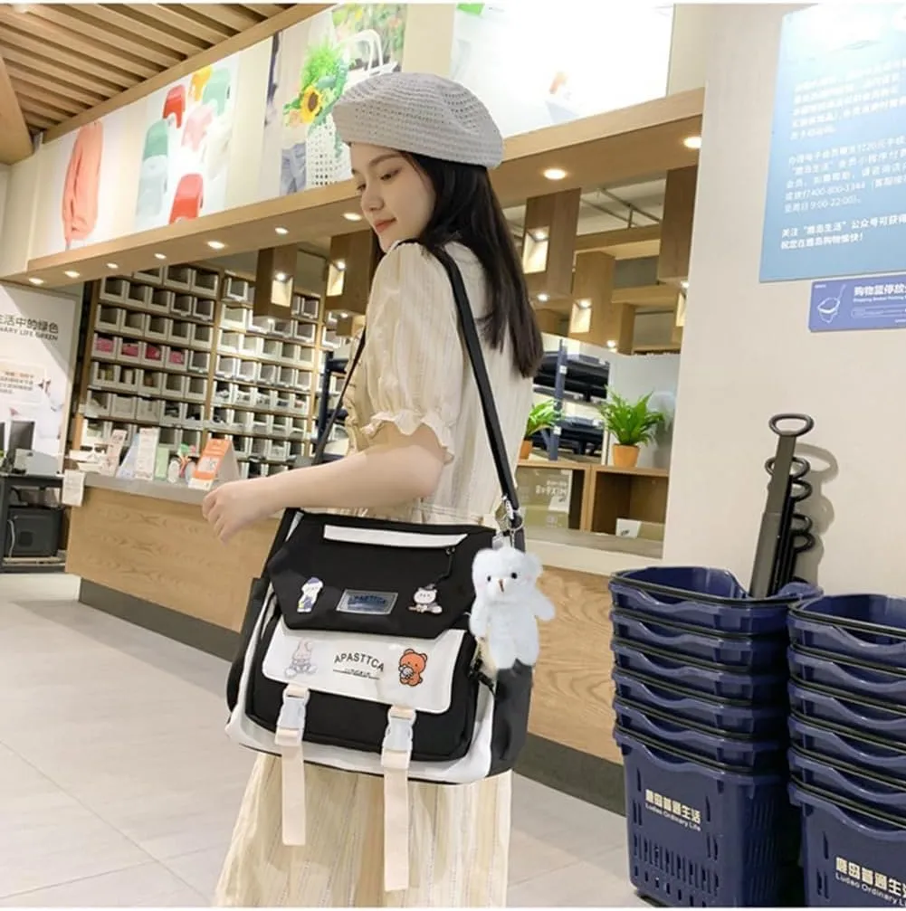 Cute Messenger Bag for Teen Girls Women, Kawaii Crossbody Shoulder Purse with Pins and Stuffed Pendant Gift