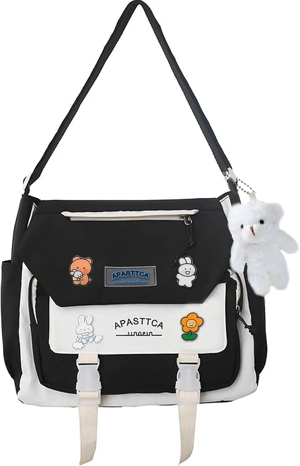 Cute Messenger Bag for Teen Girls Women, Kawaii Crossbody Shoulder Purse with Pins and Stuffed Pendant Gift