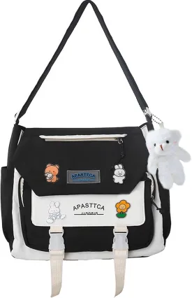 Cute Messenger Bag for Teen Girls Women, Kawaii Crossbody Shoulder Purse with Pins and Stuffed Pendant Gift