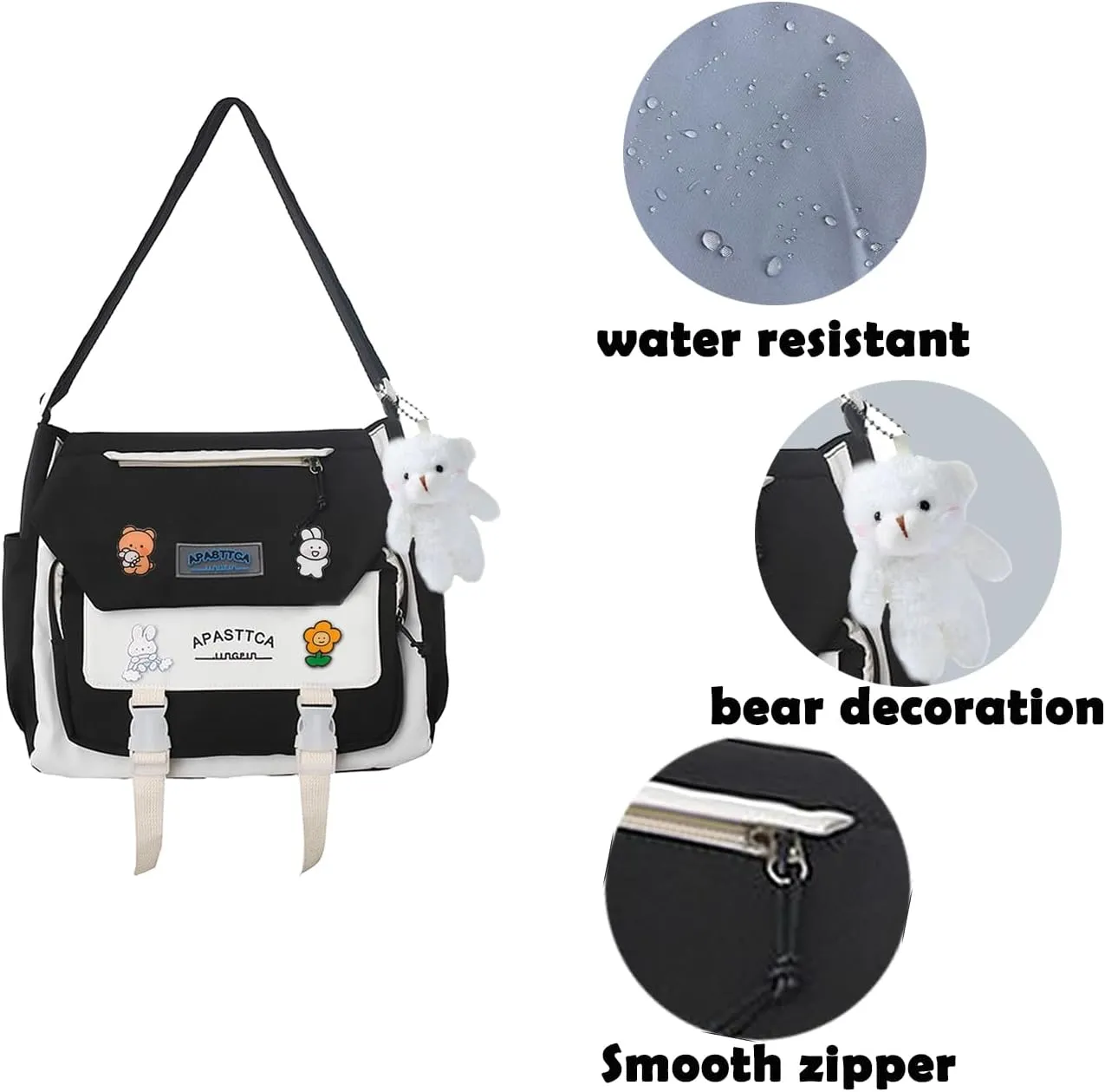 Cute Messenger Bag for Teen Girls Women, Kawaii Crossbody Shoulder Purse with Pins and Stuffed Pendant Gift
