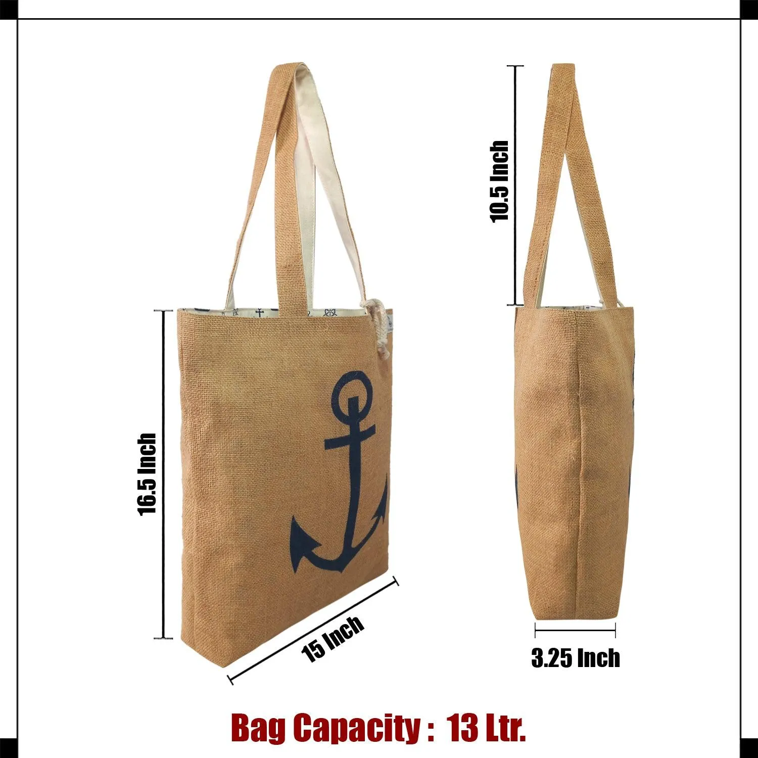 Deeya Printed Natural Jute and Cotton Large Tote Shoulder Bag | Eco Friendly Reversible Daily Use Shopping & Beach Bag