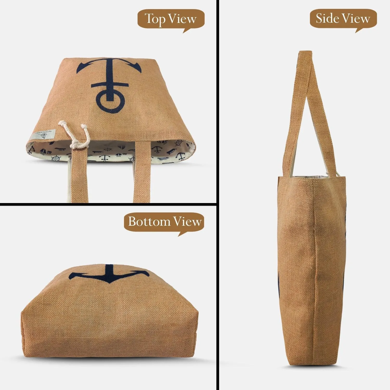 Deeya Printed Natural Jute and Cotton Large Tote Shoulder Bag | Eco Friendly Reversible Daily Use Shopping & Beach Bag