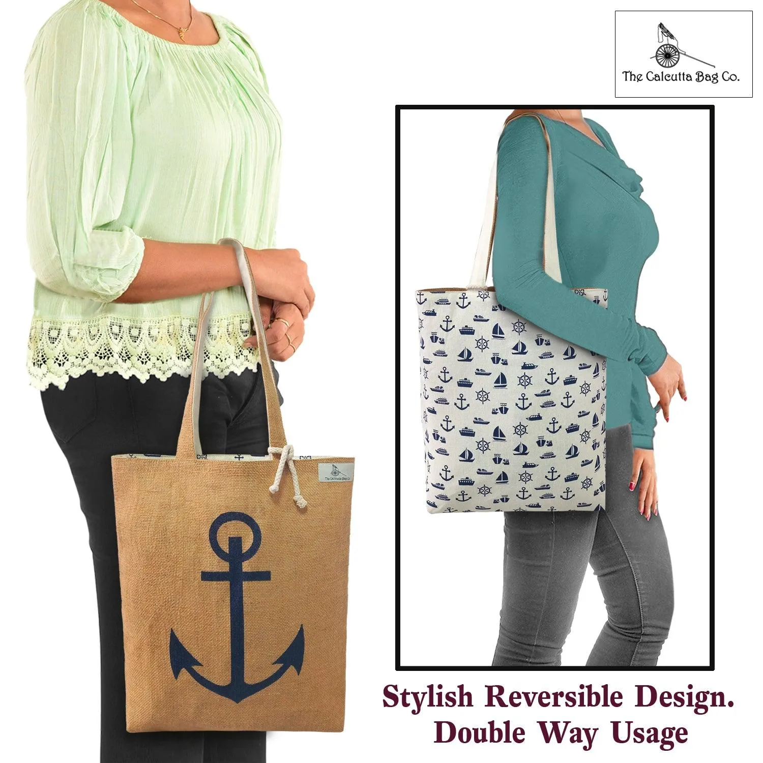 Deeya Printed Natural Jute and Cotton Large Tote Shoulder Bag | Eco Friendly Reversible Daily Use Shopping & Beach Bag
