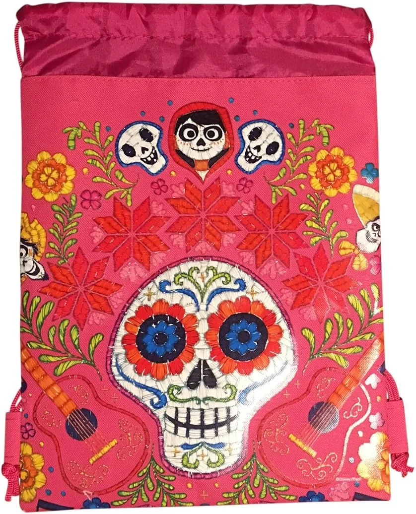 Disney COCO Drawstring Backpack PIXAR Licensed Sling Tote Gym Bag (Pink Skull Bone)