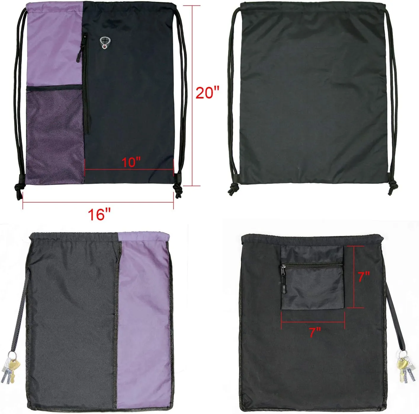 Drawstring Backpack Sports Gym Bag for Women Men Large Size With Two Zipper Pockets and Water Bottle Mesh Pockets