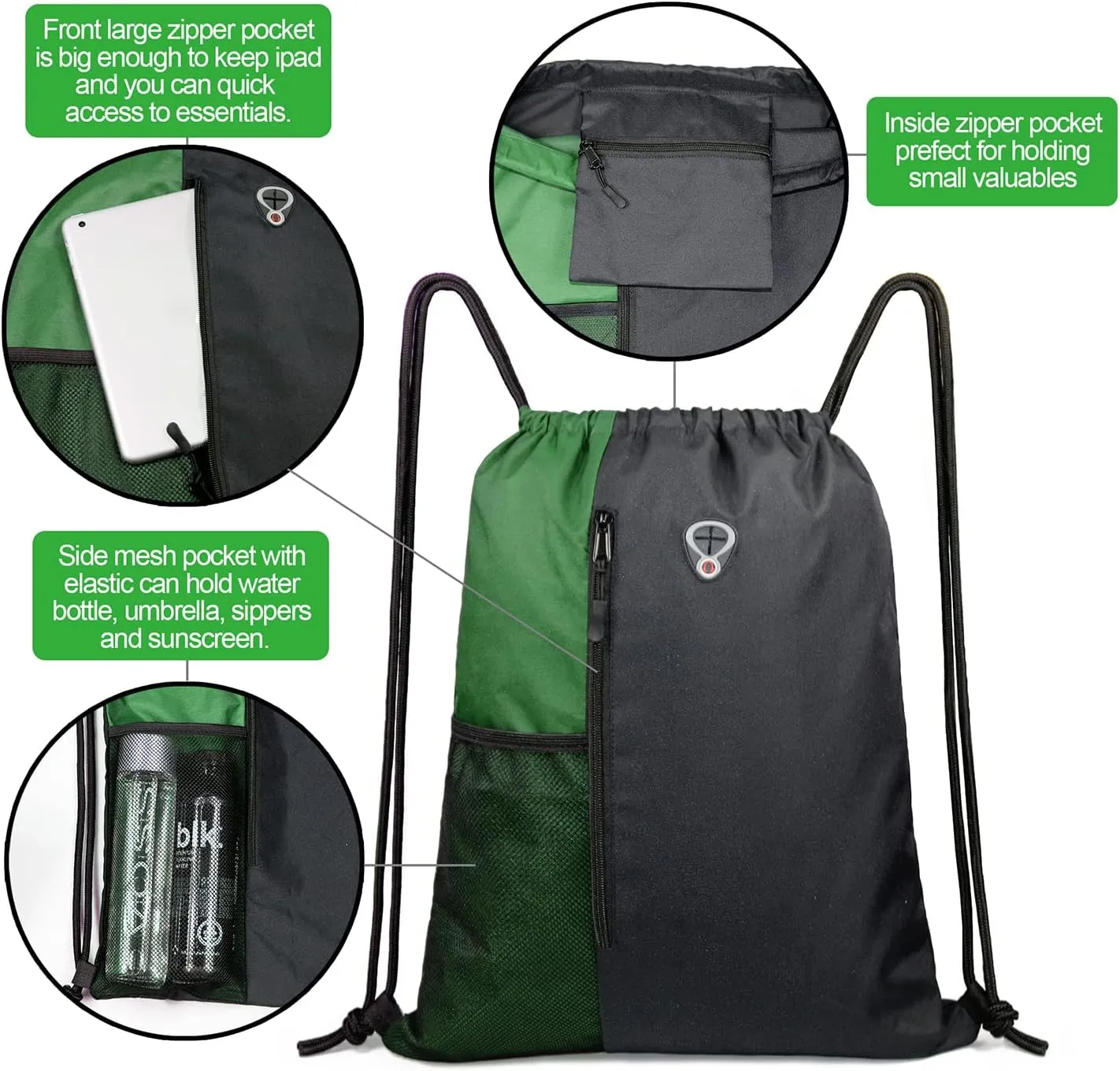Drawstring Backpack Sports Gym Bag for Women Men Large Size With Two Zipper Pockets and Water Bottle Mesh Pockets